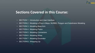 Sections Covered in this Course:
• SECTION 1 : Introduction and User Interface
• SECTION 2 : Modeling a Prop in Maya, NURBS, Polygon and Subdivision Modeling
• SECTION 3 : Modeling Base Arm
• SECTION 4 : Modeling Piston
• SECTION 5 : Modeling Connectors
• SECTION 6 : Modeling Wires
• SECTION 7 : Modeling Excavator
• SECTION 8 : Wrapping Up
 