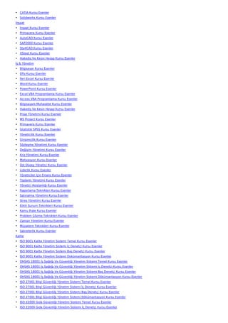 • CATIA Kursu Esenler
• Solidworks Kursu Esenler
İnşaat
• İnşaat Kursu Esenler
• Primavera Kursu Esenler
• AutoCAD Kursu Esenler
• SAP2000 Kursu Esenler
• Sta4CAD Kursu Esenler
• XSteel Kursu Esenler
• Hakediş Ve Kesin Hesap Kursu Esenler
İş & Yönetim
• Bilgisayar Kursu Esenler
• Ofis Kursu Esenler
• İleri Excel Kursu Esenler
• Word Kursu Esenler
• PowerPoint Kursu Esenler
• Excel VBA Programlama Kursu Esenler
• Access VBA Programlama Kursu Esenler
• Bilgisayarlı Muhasebe Kursu Esenler
• Hakediş Ve Kesin Hesap Kursu Esenler
• Proje Yönetimi Kursu Esenler
• MS Project Kursu Esenler
• Primavera Kursu Esenler
• İstatistik SPSS Kursu Esenler
• Yöneticilik Kursu Esenler
• Girişimcilik Kursu Esenler
• Sözleşme Yönetimi Kursu Esenler
• Değişim Yönetimi Kursu Esenler
• Kriz Yönetimi Kursu Esenler
• Motivasyon Kursu Esenler
• Üst Düzey Yönetici Kursu Esenler
• Liderlik Kursu Esenler
• Yöneticiler İçin Finans Kursu Esenler
• Toplantı Yönetimi Kursu Esenler
• Yönetici Asistanlığı Kursu Esenler
• Raporlama Teknikleri Kursu Esenler
• Satınalma Yönetimi Kursu Esenler
• Stres Yönetimi Kursu Esenler
• Etkili Sunum Teknikleri Kursu Esenler
• Kamu İhale Kursu Esenler
• Problem Çözme Teknikleri Kursu Esenler
• Zaman Yönetimi Kursu Esenler
• Müzakere Teknikleri Kursu Esenler
• Sekreterlik Kursu Esenler
Kalite
• ISO 9001 Kalite Yönetim Sistemi Temel Kursu Esenler
• ISO 9001 Kalite Yönetim Sistemi İç Denetçi Kursu Esenler
• ISO 9001 Kalite Yönetim Sistemi Baş Denetçi Kursu Esenler
• ISO 9001 Kalite Yönetim Sistemi Dokümantasyon Kursu Esenler
• OHSAS 18001 İş Sağlığı Ve Güvenliği Yönetim Sistemi Temel Kursu Esenler
• OHSAS 18001 İş Sağlığı Ve Güvenliği Yönetim Sistemi İç Denetçi Kursu Esenler
• OHSAS 18001 İş Sağlığı Ve Güvenliği Yönetim Sistemi Baş Denetçi Kursu Esenler
• OHSAS 18001 İş Sağlığı Ve Güvenliği Yönetim Sistemi Dökümantasyon Kursu Esenler
• ISO 27001 Bilgi Güvenliği Yönetim Sistemi Temel Kursu Esenler
• ISO 27001 Bilgi Güvenliği Yönetim Sistemi İç Denetçi Kursu Esenler
• ISO 27001 Bilgi Güvenliği Yönetim Sistemi Baş Denetçi Kursu Esenler
• ISO 27001 Bilgi Güvenliği Yönetim Sistemi Dökümantasyon Kursu Esenler
• ISO 22000 Gıda Güvenliği Yönetim Sistemi Temel Kursu Esenler
• ISO 22000 Gıda Güvenliği Yönetim Sistemi İç Denetçi Kursu Esenler
 