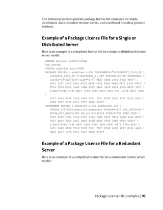 The following sections provide package license file examples for single,
distributed, and redundant license servers, and combined Autodesk product
versions.



Example of a Package License File for a Single or
Distributed Server
Here is an example of a completed license file for a single or distributed license
server model:
  SERVER Server1 1a34567c90d2
  USE_SERVER
  VENDOR adskflex port=2080
  PACKAGE SERIES_1 adskflex 1.000 COMPONENTS="54700REVIT_2009_0F 
     54600ACD_2009_0F 51300INVBUN_11_0F" OPTIONS=SUITE SUPERSEDE 
     ISSUED=09-Jan-2008 SIGN="1707 9EAC CBCB 2405 692E 4A89 
     AA26 30CC 2AC2 D6B3 A61B AB5E 492E 3EBD 0B48 4E75 193A DA82" 
     FC45 C009 E360 944A 14BA E99C 9B24 5A1B 4A44 083A BE5F 3827 
     SIGN2="004A FC90 AB47 3F6B 59BC 0E6D 6681 6971 A76A BA52 98E2
  
     5671 26B3 0E78 791B 109F 0591 7DC3 F09F 4D8D 4FB7 E341 4A03 
     CD68 1D77 27F8 8555 9CF7 DEDD 9380"
  INCREMENT SERIES_1 adskflex 1.000 permanent 100 
     VENDOR_STRING=commercial:permanent BORROW=4320 DUP_GROUP=UH 
     SUITE_DUP_GROUP=UHV SN=123-12345678 SIGN="1707 9EAC CBCB 
     692E 4A89 FC45 C009 E360 944A 14BA E99C 9B24 5A1B 4A44 BE5F 
     3827 AA26 30CC 2AC2 D6B3 A61B AB5E 492E 3EBD 0B48 DA82" 
     SIGN2="004A FC90 AB47 3F6B 59BC 0E6D 6681 6971 A76A BA52 
     5671 26B3 0E78 791B 109F 0591 7DC3 F09F 4D8D 4FB7 E341 4A03 
     CD68 1D77 27F8 8555 9CF7 DEDD 9380"



Example of a Package License File for a Redundant
Server
Here is an example of a completed license file for a redundant license server
model:




                                         Package License File Examples | 95
 