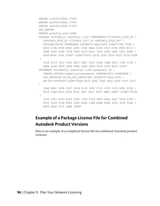 SERVER 1a34567c90d2 27005
             SERVER 2a34567c90d2 27005
             SERVER 3a34567c90d2 27005
             USE_SERVER
             VENDOR adskflex port=2080
             PACKAGE 64300ACD_F adskflex 1.000 COMPONENTS="57600ACD_2009_0F 
                54600ACD_2008_0F 51200ACD_2007_0F 48800ACD_2006_0F" 
                OPTIONS=SUITE SUPERSEDE ISSUED=27-May-2008 SIGN="1092 05D8 
                A206 276B 2C84 EFAD ACA5 C54B 68A4 653E C61F 31DE C8CE B532 
                CFBB 0006 5388 347B FDD6 A3F4 B361 7FD4 CDE4 4AAC 0D11 B0EF 
                4B44 BFD6 3426 97DD" SIGN2="0670 B01A D060 0069 FF25 F1CD D06B
              
                314E E7C9 3552 5FFA 4AC7 28A7 C897 F56A 19BB FB1C 754E 6704 
                DEEA AC4E F859 2E9B 64B6 0DD0 9CCE 9556 269F EAC0 2326"
             INCREMENT 64300ACD_F adskflex 1.000 permanent 50 
                VENDOR_STRING=commercial:permanent BORROW=4320 SUPERSEDE 
                DUP_GROUP=UH SUITE_DUP_GROUP=UHV ISSUED=27-May-2008 
                SN=399-99999999 SIGN="1B5B 8D70 4CAD 32E5 9CA2 82E0 5C47 291C
             
                35AB 9B9C 5B3E 5067 F61B 4139 1B32 0716 1FD3 5105 A991 B78E 
                9D1E 63AB BC23 0D1E B70C 2A05 E1C1 F605 ABB1 2EA8" SIGN2="01D6
              
                31F5 2951 4500 E5C8 058F 7490 9789 9EF4 CBED DA27 5F06 6780 
                9033 2018 0C3B E1E0 3580 E60E C2BB B4AB 8D6A 4245 3059 8CA6 
                2EFE DFAE 027F 2ABE 3F2B"



           Example of a Package License File for Combined
           Autodesk Product Versions
           Here is an example of a completed license file for combined Autodesk product
           versions:




96 | Chapter 9 Plan Your Network Licensing
 