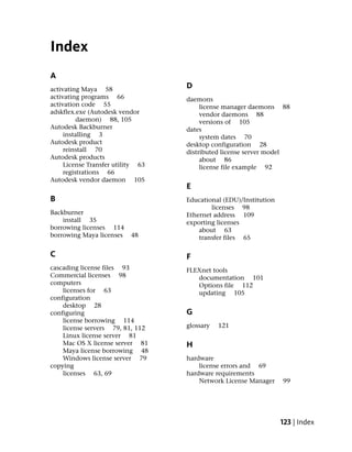 Index
A
activating Maya 58                 D
activating programs 66             daemons
activation code 55                      license manager daemons 88
adskflex.exe (Autodesk vendor           vendor daemons 88
          daemon) 88, 105               versions of 105
Autodesk Backburner                dates
     installing 3                       system dates 70
Autodesk product                   desktop configuration 28
     reinstall 70                  distributed license server model
Autodesk products                       about 86
     License Transfer utility 63        license file example 92
     registrations 66
Autodesk vendor daemon 105
                                   E
B                                  Educational (EDU)/Institution
                                           licenses 98
Backburner                         Ethernet address 109
    install 35                     exporting licenses
borrowing licenses 114                 about 63
borrowing Maya licenses    48          transfer files 65

C                                  F
cascading license files 93         FLEXnet tools
Commercial licenses 98                documentation 101
computers                             Options file 112
    licenses for 63                   updating 105
configuration
    desktop 28
configuring                        G
    license borrowing 114
    license servers 79, 81, 112    glossary   121
    Linux license server 81
    Mac OS X license server 81     H
    Maya license borrowing 48
    Windows license server 79      hardware
copying                                license errors and 69
    licenses 63, 69                hardware requirements
                                       Network License Manager     99




                                                                   123 | Index
 