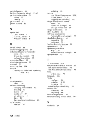 private licenses 65                          updating 58
Product Activation wizard   55, 69      servers
product information 56                       host IDs and host names 109
    saving 57                                license servers 79, 81
    viewing 57                               stopping and restarting 111
product key 10                          single license server model
public licenses 65                           about 85
                                             license file example 92
                                             package license files 95
Q                                       single-user licenses 55
Quick Start                             slave machine 39
    Linux install 7                     software requirements
    Mac OS X install   6                     Network License Manager 99
    Windows install    4                stand-alone licenses 55
                                             managing 56
                                             multi-seat 56
R                                       Student Portfolio licenses 98
                                        system dates 70
ray sat server 41                       system requirements
reactivating programs 69                     Maya 10
redundant license server model               Network License Manager 99
     about 86                           system times 70
     license file example 92
     package license files 95
registering Maya 58                     T
registering programs 66
reinstall 70                            TCP/IP names 109
report log files 114                    temporary transfers of licenses 63
reports                                 Term Extendable licenses 98
     SAMreport-Lite License Reporting   Term Non-Extendable licenses 98
               tool 102                 time
                                            system time 70
                                        timeouts 115
S                                       Toxik
                                            configure 35
SAMreport-Lite                              installing 3, 33
     about 102                              licensing 52
satellite rendering                     Toxik Configuration Utility 35
     changing port number 42            transfer files
     licensing 43                           exporting 65
     master 39                              importing 66
     mental ray 39                      transferring licenses 63
     ray sat server 41                  troubleshooting license errors 69
     slave 39
     slave machine installation 40
serial number                           U
     locating 10
                                        uninstall   29




126 | Index
 