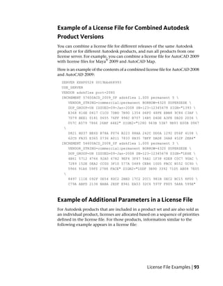 Example of a License File for Combined Autodesk
Product Versions
You can combine a license file for different releases of the same Autodesk
product or for different Autodesk products, and run all products from one
license server. For example, you can combine a license file for AutoCAD 2009
                           ®
with license files for Maya 2009 and AutoCAD Map.

Here is an example of the contents of a combined license file for AutoCAD 2008
and AutoCAD 2009:
  SERVER XXHP0528 0019bbd68993
  USE_SERVER
  VENDOR adskflex port=2080
  INCREMENT 57600ACD_2009_0F adskflex 1.000 permanent 5 
     VENDOR_STRING=commercial:permanent BORROW=4320 SUPERSEDE 
     DUP_GROUP=UH ISSUED=09-Jan-2008 SN=123-12345678 SIGN="1393 
     E368 816E D417 C1CD 7DBD 7B90 1354 D6F0 48FE EBB8 9C84 C3AF 
     7D79 BEE1 0181 0655 76FF 996C B707 14B5 D4DE A3FE 0B2D 2D36 
     057C A579 7866 26BF 44E2" SIGN2="1280 943B 53A7 9B93 E00B D967
   
     D821 BD37 BE6D B78A F074 B223 88AA 242C DD0A 1292 D56F 4108 
     62CD FA35 E365 0736 A011 7833 8B35 7BFF DAD8 34A8 452F 2EB4"
  INCREMENT 54600ACD_2008_0F adskflex 1.000 permanent 3 
     VENDOR_STRING=commercial:permanent BORROW=4320 SUPERSEDE 
     DUP_GROUP=UH ISSUED=09-Jan-2008 SN=123-12345678 SIGN="1E6E 
     4B61 5712 4766 92A0 6782 9EF4 3F47 56A1 1F38 6DE8 C0C7 90AC 
     7289 152E 0EA2 CC0D 3F10 577A 0489 CEB6 10D5 FBCC B552 0C9D 
     5966 91A6 59F0 2788 FACE" SIGN2="1DDF 3B9D 3392 71D5 AB08 7E05
   
     8497 111E 092F 0E54 8DC2 2BED 17C2 2CC1 981B 0EC2 BC15 8F00 
     C79A ABFD 2136 BABA 2EDF E941 EA53 32C6 597F F805 5A8A 599A"



Example of Additional Parameters in a License File
For Autodesk products that are included in a product set and are also sold as
an individual product, licenses are allocated based on a sequence of priorities
defined in the license file. For those products, information similar to the
following example appears in a license file:




                                                  License File Examples | 93
 