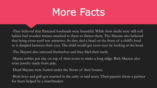 More Facts
-They believed that flattened foreheads were beautiful. While their skulls were still soft
babies had wooden frames attached to them to flatten them. The Mayans also believed
that being cross-eyed was attractive. So they tied a bead on the front of a child's head
so it dangled between their eyes. The child would get cross-eyes by looking at the bead.
-The Mayans also tattooed themselves and they filed their teeth.
-Mayan nobles put clay on top of their noses to make a long ridge. Rich Mayans also
wore jewelry made from jade.
-Dead Mayans were buried under the floors of their houses.
-Both boys and girls got married in the early or mid teens. Their parents chose a partner
for them helped by a matchmaker.
 
