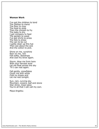 Woman Work

          I've got the children to tend
          The clothes to mend
          The floor to mop
          The food to shop
          Then the chicken to fry
          The baby to dry
          I got company to feed
          The garden to weed
          I've got shirts to press
          The tots to dress
          The can to be cut
          I gotta clean up this hut
          Then see about the sick
          And the cotton to pick.

          Shine on me, sunshine
          Rain on me, rain
          Fall softly, dewdrops
          And cool my brow again.

          Storm, blow me from here
          With your fiercest wind
          Let me float across the sky
          'Til I can rest again.

          Fall gently, snowflakes
          Cover me with white
          Cold icy kisses and
          Let me rest tonight.

          Sun, rain, curving sky
          Mountain, oceans, leaf and stone
          Star shine, moon glow
          You're all that I can call my own.

          Maya Angelou




www.PoemHunter.com - The World's Poetry Archive   35
 
