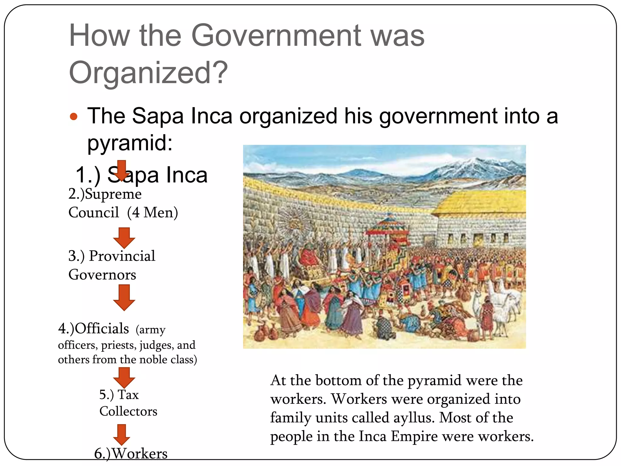 How the Government was
  Organized?
   The Sapa Inca organized his government into a
    pyramid:
   1.) Sapa Inca
  2.)Supreme
  Council (4 Men)

  3.) Provincial
  Governors


4.)Officials      (army
officers, priests, judges, and
others from the noble class)
                                 At the bottom of the pyramid were the
        5.) Tax                  workers. Workers were organized into
        Collectors               family units called ayllus. Most of the
                                 people in the Inca Empire were workers.
       6.)Workers
 