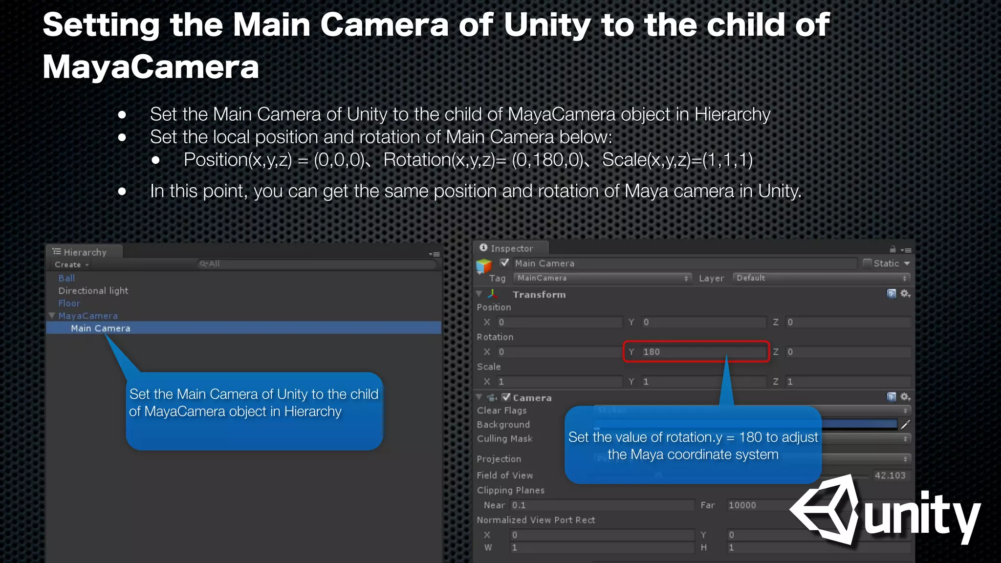 Setting the Main Camera of Unity to the child of
MayaCamera
●
 Set the Main Camera of Unity to the child of MayaCamera object in Hierarchy
●
 Set the local position and rotation of Main Camera below:

 ●
 Position(x,y,z) = (0,0,0)、Rotation(x,y,z)= (0,180,0)、Scale(x,y,z)=(1,1,1)
●
 In this point, you can get the same position and rotation of Maya camera in Unity.
Set the Main Camera of Unity to the child
of MayaCamera object in Hierarchy
Set the value of rotation.y = 180 to adjust
the Maya coordinate system
 