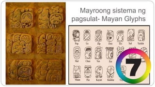 Mayroong sistema ng 
pagsulat- Mayan Glyphs 
 