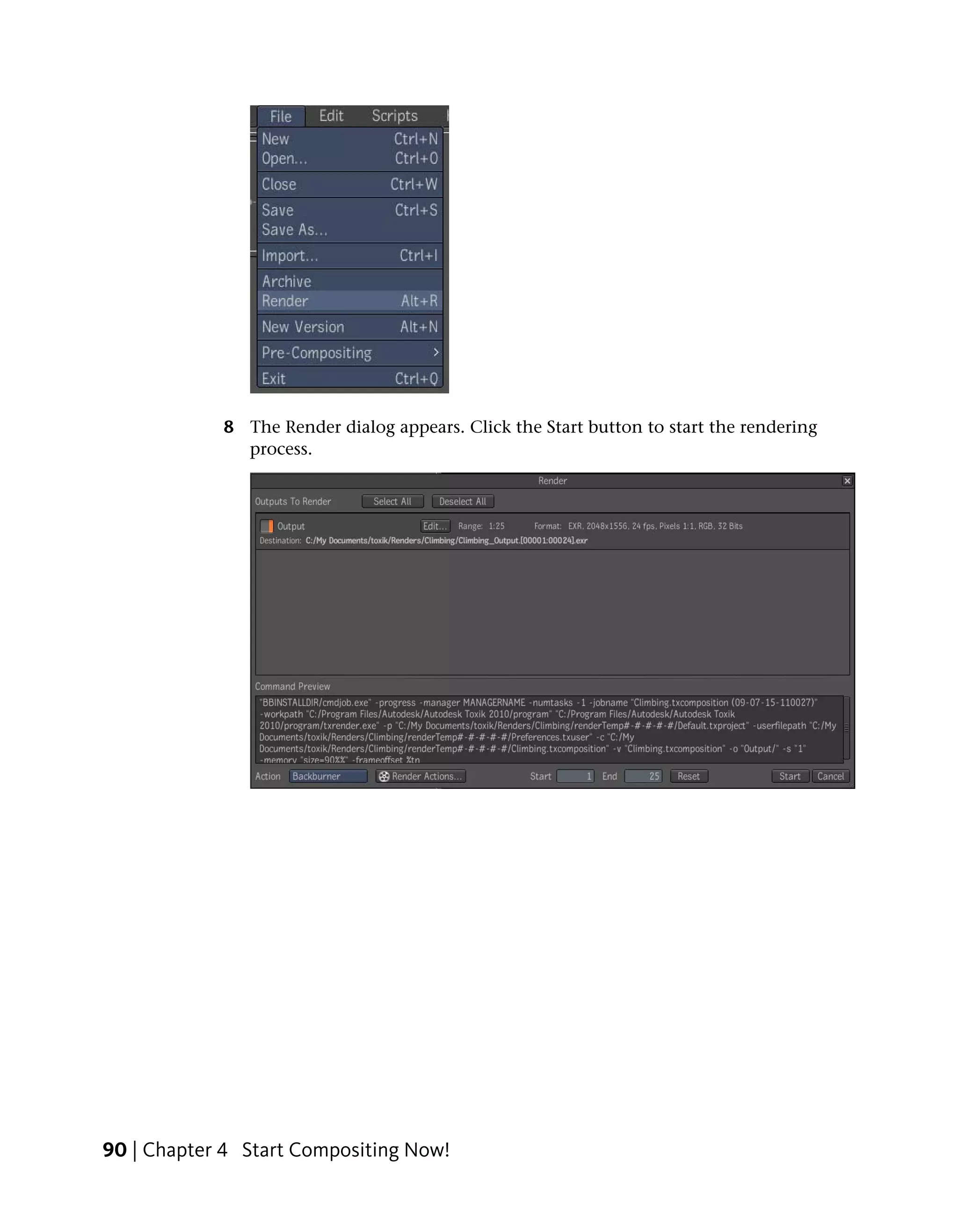 8 The Render dialog appears. Click the Start button to start the rendering
              process.




90 | Chapter 4 Start Compositing Now!
 