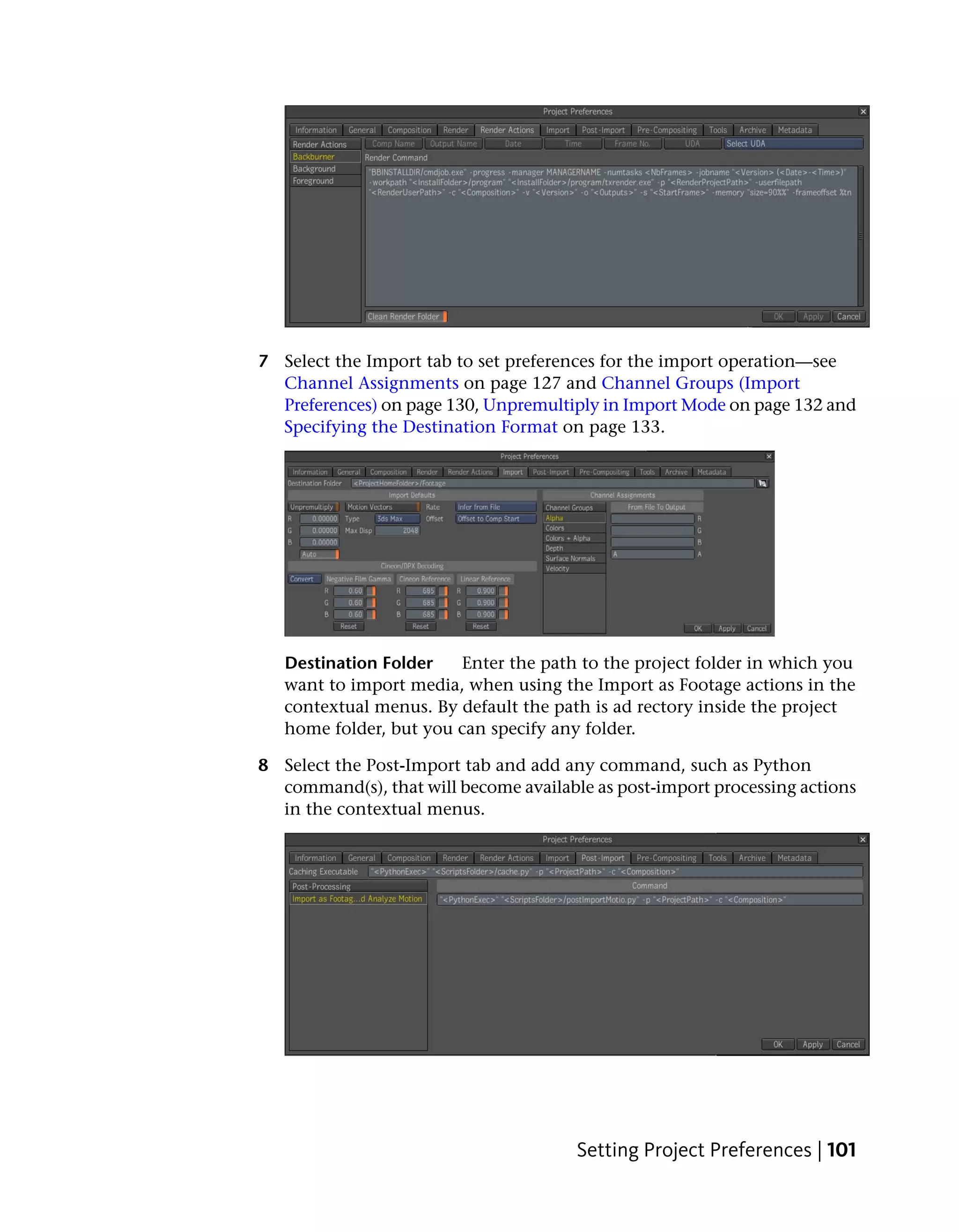 7 Select the Import tab to set preferences for the import operation—see
  Channel Assignments on page 127 and Channel Groups (Import
  Preferences) on page 130, Unpremultiply in Import Mode on page 132 and
  Specifying the Destination Format on page 133.




   Destination Folder   Enter the path to the project folder in which you
   want to import media, when using the Import as Footage actions in the
   contextual menus. By default the path is ad rectory inside the project
   home folder, but you can specify any folder.

8 Select the Post-Import tab and add any command, such as Python
  command(s), that will become available as post-import processing actions
  in the contextual menus.




                                       Setting Project Preferences | 101
 
