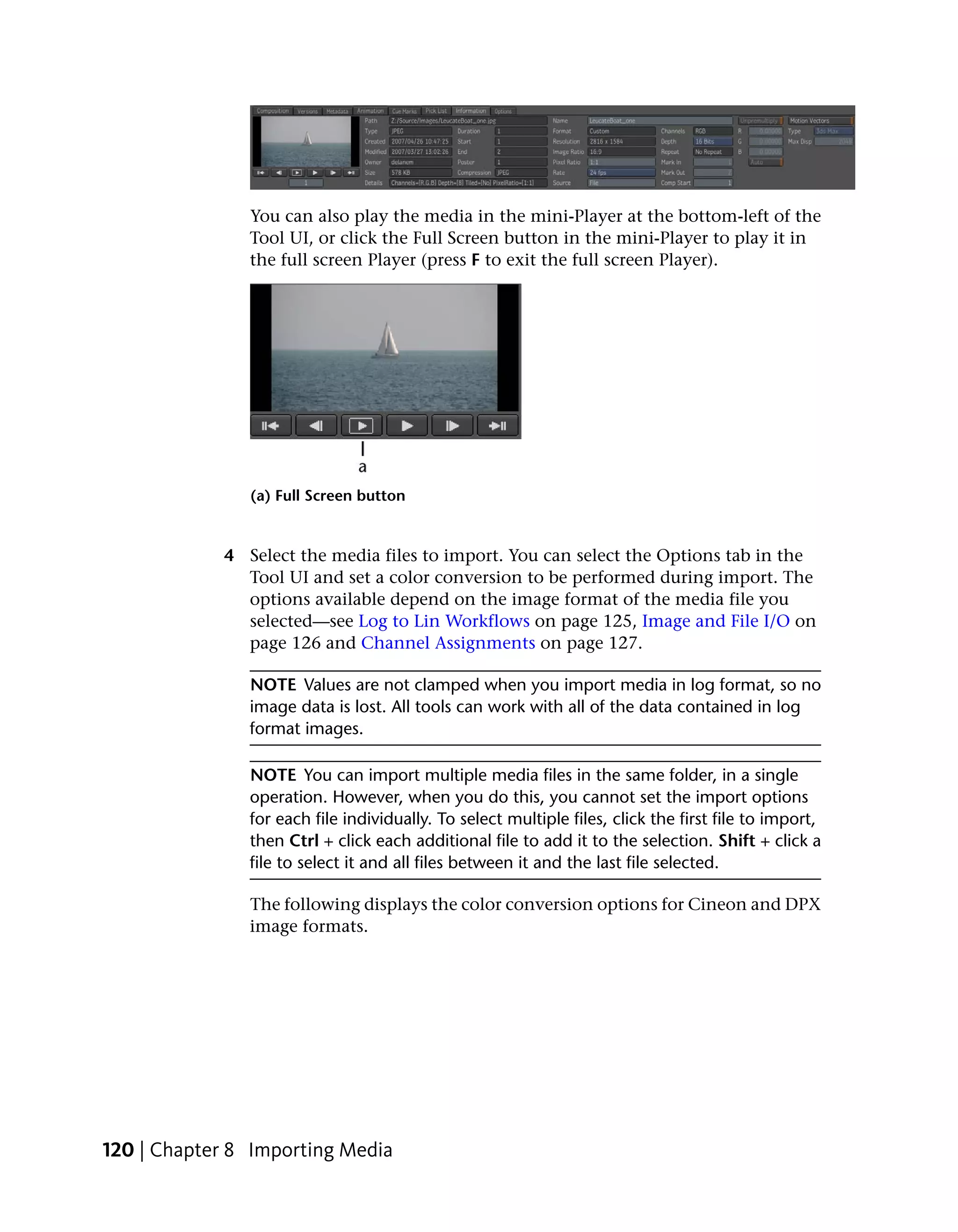 You can also play the media in the mini-Player at the bottom-left of the
               Tool UI, or click the Full Screen button in the mini-Player to play it in
               the full screen Player (press F to exit the full screen Player).




               (a) Full Screen button


            4 Select the media files to import. You can select the Options tab in the
              Tool UI and set a color conversion to be performed during import. The
              options available depend on the image format of the media file you
              selected—see Log to Lin Workflows on page 125, Image and File I/O on
              page 126 and Channel Assignments on page 127.

               NOTE Values are not clamped when you import media in log format, so no
               image data is lost. All tools can work with all of the data contained in log
               format images.

               NOTE You can import multiple media files in the same folder, in a single
               operation. However, when you do this, you cannot set the import options
               for each file individually. To select multiple files, click the first file to import,
               then Ctrl + click each additional file to add it to the selection. Shift + click a
               file to select it and all files between it and the last file selected.

               The following displays the color conversion options for Cineon and DPX
               image formats.




120 | Chapter 8 Importing Media
 