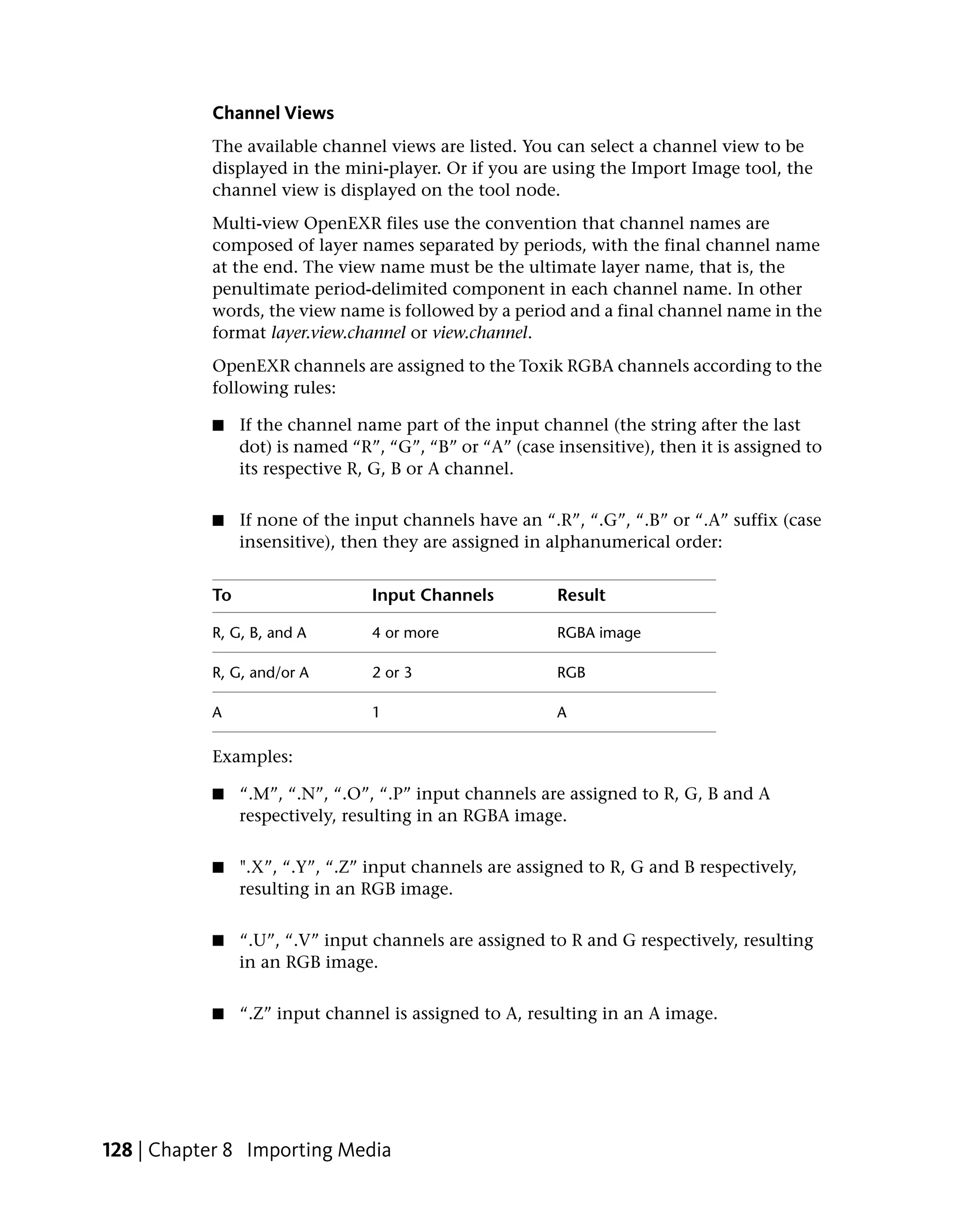 Channel Views
           The available channel views are listed. You can select a channel view to be
           displayed in the mini-player. Or if you are using the Import Image tool, the
           channel view is displayed on the tool node.
           Multi-view OpenEXR files use the convention that channel names are
           composed of layer names separated by periods, with the final channel name
           at the end. The view name must be the ultimate layer name, that is, the
           penultimate period-delimited component in each channel name. In other
           words, the view name is followed by a period and a final channel name in the
           format layer.view.channel or view.channel.
           OpenEXR channels are assigned to the Toxik RGBA channels according to the
           following rules:

           ■    If the channel name part of the input channel (the string after the last
                dot) is named “R”, “G”, “B” or “A” (case insensitive), then it is assigned to
                its respective R, G, B or A channel.


           ■    If none of the input channels have an “.R”, “.G”, “.B” or “.A” suffix (case
                insensitive), then they are assigned in alphanumerical order:


           To                    Input Channels           Result

           R, G, B, and A        4 or more                RGBA image

           R, G, and/or A        2 or 3                   RGB

           A                     1                        A

           Examples:

           ■    “.M”, “.N”, “.O”, “.P” input channels are assigned to R, G, B and A
                respectively, resulting in an RGBA image.


           ■    ".X”, “.Y”, “.Z” input channels are assigned to R, G and B respectively,
                resulting in an RGB image.


           ■    “.U”, “.V” input channels are assigned to R and G respectively, resulting
                in an RGB image.


           ■    “.Z” input channel is assigned to A, resulting in an A image.




128 | Chapter 8 Importing Media
 