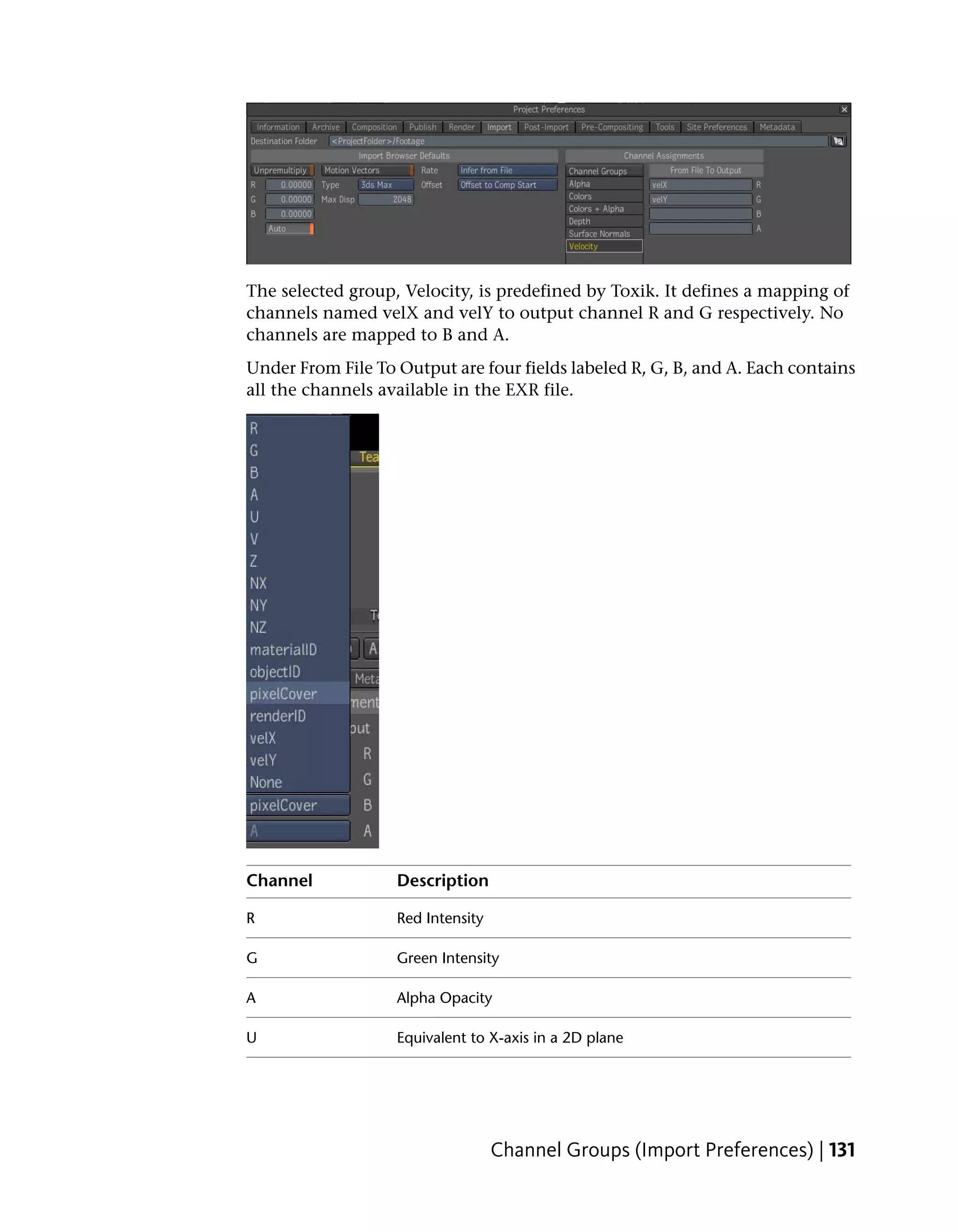 The selected group, Velocity, is predefined by Toxik. It defines a mapping of
channels named velX and velY to output channel R and G respectively. No
channels are mapped to B and A.
Under From File To Output are four fields labeled R, G, B, and A. Each contains
all the channels available in the EXR file.




Channel            Description

R                  Red Intensity

G                  Green Intensity

A                  Alpha Opacity

U                  Equivalent to X-axis in a 2D plane




                                   Channel Groups (Import Preferences) | 131
 