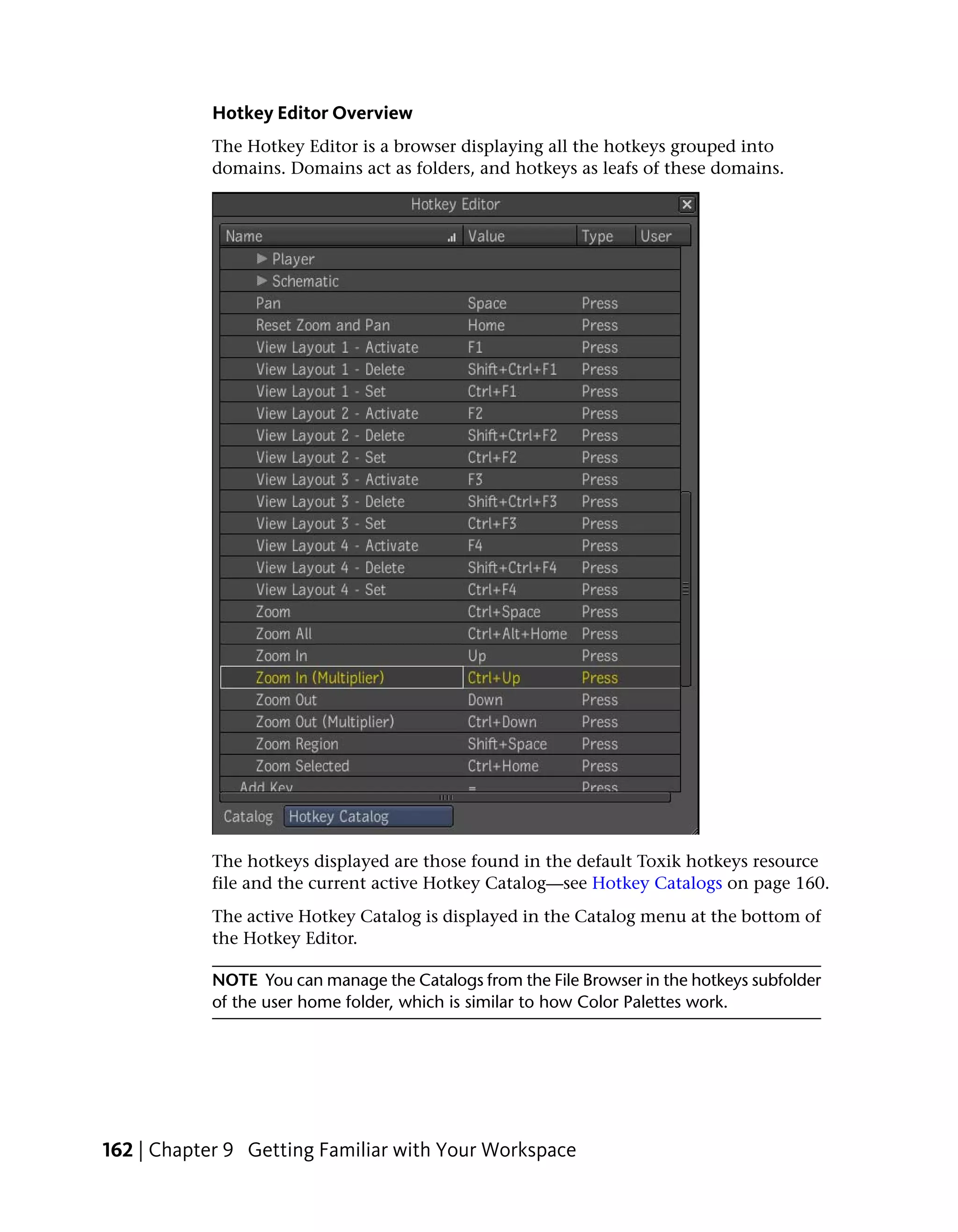 Hotkey Editor Overview
            The Hotkey Editor is a browser displaying all the hotkeys grouped into
            domains. Domains act as folders, and hotkeys as leafs of these domains.




            The hotkeys displayed are those found in the default Toxik hotkeys resource
            file and the current active Hotkey Catalog—see Hotkey Catalogs on page 160.
            The active Hotkey Catalog is displayed in the Catalog menu at the bottom of
            the Hotkey Editor.

            NOTE You can manage the Catalogs from the File Browser in the hotkeys subfolder
            of the user home folder, which is similar to how Color Palettes work.




162 | Chapter 9 Getting Familiar with Your Workspace
 