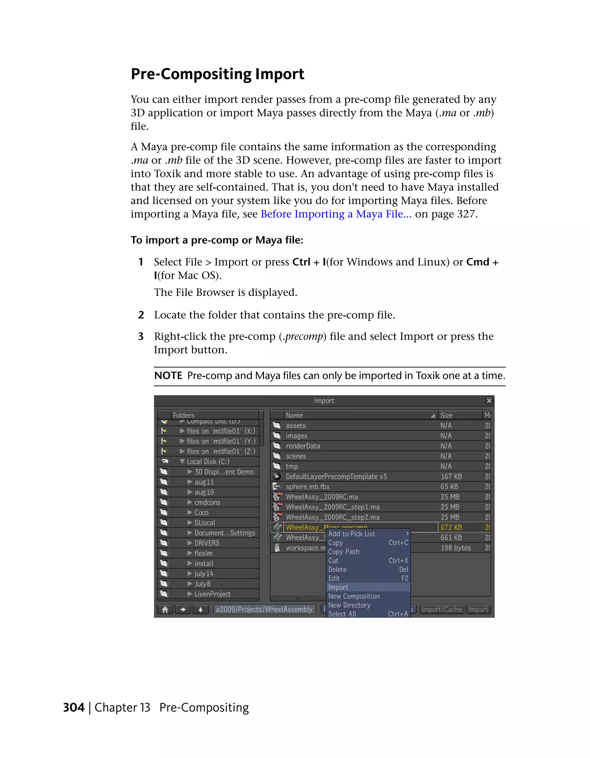 Pre-Compositing Import
           You can either import render passes from a pre-comp file generated by any
           3D application or import Maya passes directly from the Maya (.ma or .mb)
           file.
           A Maya pre-comp file contains the same information as the corresponding
           .ma or .mb file of the 3D scene. However, pre-comp files are faster to import
           into Toxik and more stable to use. An advantage of using pre-comp files is
           that they are self-contained. That is, you don't need to have Maya installed
           and licensed on your system like you do for importing Maya files. Before
           importing a Maya file, see Before Importing a Maya File... on page 327.

           To import a pre-comp or Maya file:

            1 Select File > Import or press Ctrl + I(for Windows and Linux) or Cmd +
              I(for Mac OS).
               The File Browser is displayed.

            2 Locate the folder that contains the pre-comp file.

            3 Right-click the pre-comp (.precomp) file and select Import or press the
              Import button.

               NOTE Pre-comp and Maya files can only be imported in Toxik one at a time.




304 | Chapter 13 Pre-Compositing
 