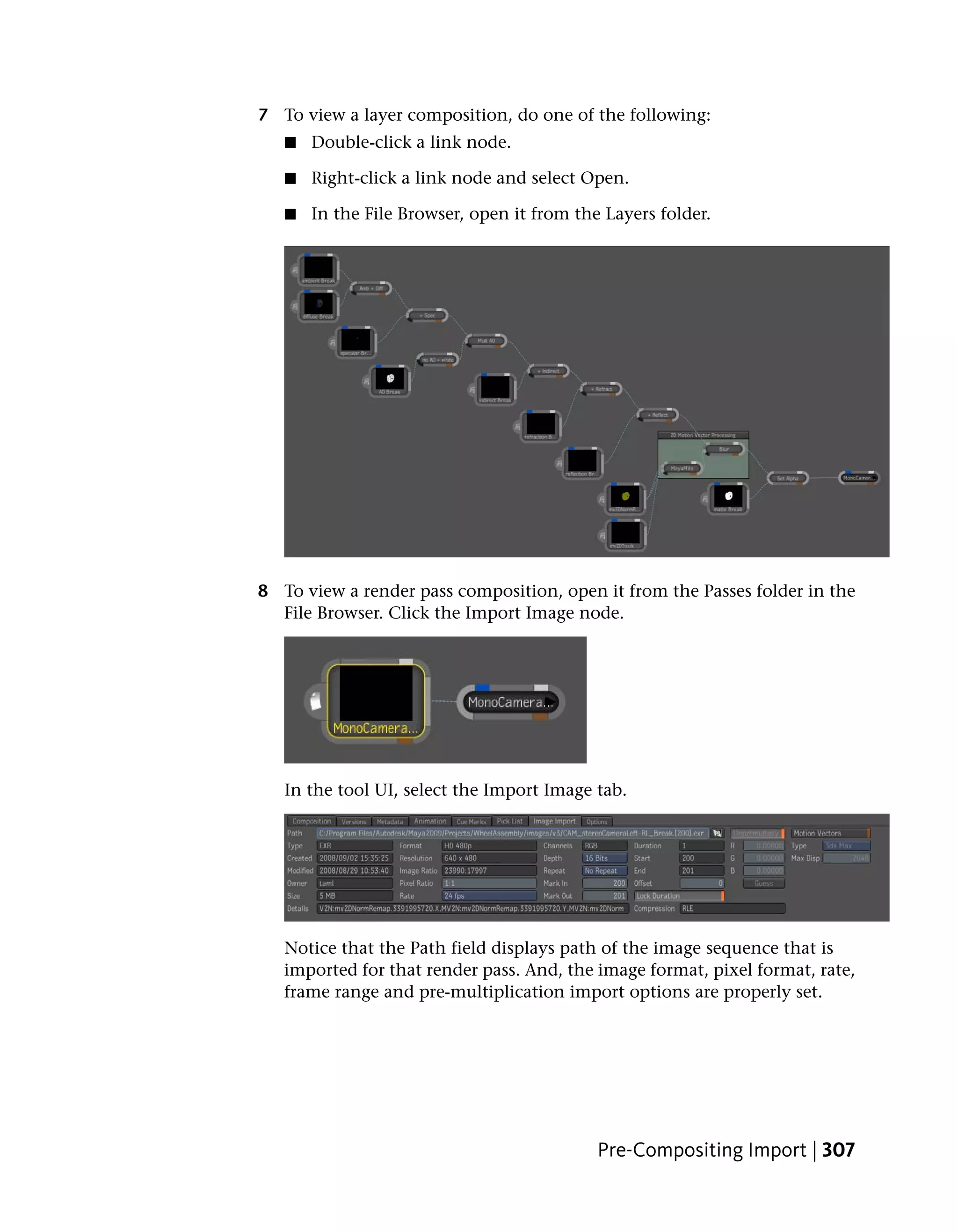 7 To view a layer composition, do one of the following:
   ■   Double-click a link node.

   ■   Right-click a link node and select Open.

   ■   In the File Browser, open it from the Layers folder.




8 To view a render pass composition, open it from the Passes folder in the
  File Browser. Click the Import Image node.




   In the tool UI, select the Import Image tab.




   Notice that the Path field displays path of the image sequence that is
   imported for that render pass. And, the image format, pixel format, rate,
   frame range and pre-multiplication import options are properly set.




                                            Pre-Compositing Import | 307
 