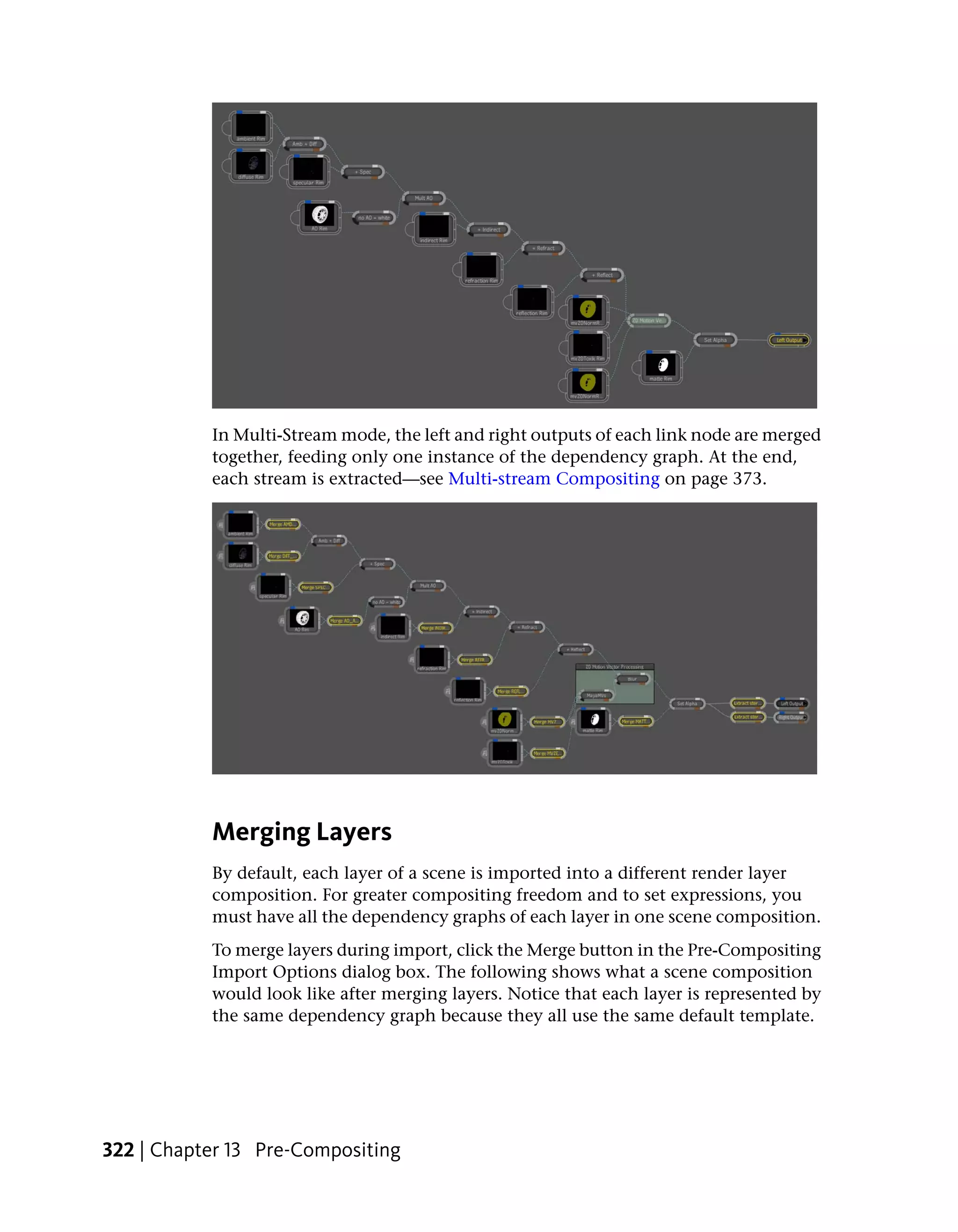 In Multi-Stream mode, the left and right outputs of each link node are merged
           together, feeding only one instance of the dependency graph. At the end,
           each stream is extracted—see Multi-stream Compositing on page 373.




           Merging Layers
           By default, each layer of a scene is imported into a different render layer
           composition. For greater compositing freedom and to set expressions, you
           must have all the dependency graphs of each layer in one scene composition.
           To merge layers during import, click the Merge button in the Pre-Compositing
           Import Options dialog box. The following shows what a scene composition
           would look like after merging layers. Notice that each layer is represented by
           the same dependency graph because they all use the same default template.




322 | Chapter 13 Pre-Compositing
 