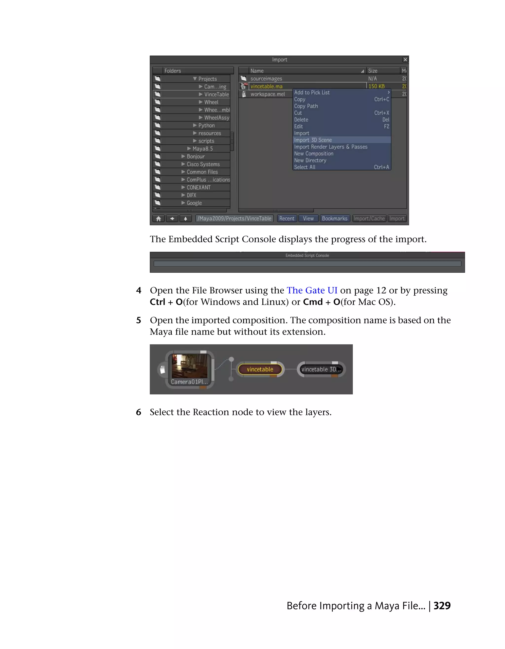 The Embedded Script Console displays the progress of the import.




4 Open the File Browser using the The Gate UI on page 12 or by pressing
  Ctrl + O(for Windows and Linux) or Cmd + O(for Mac OS).

5 Open the imported composition. The composition name is based on the
  Maya file name but without its extension.




6 Select the Reaction node to view the layers.




                                   Before Importing a Maya File... | 329
 