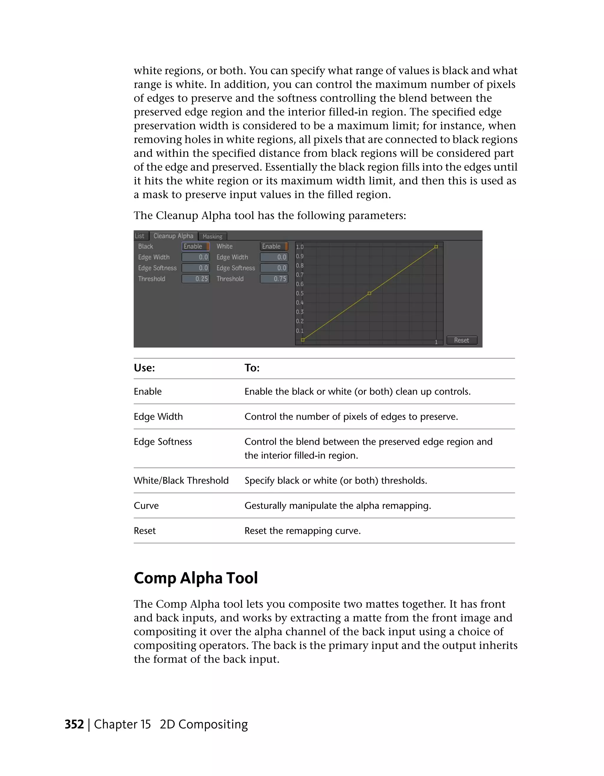 white regions, or both. You can specify what range of values is black and what
           range is white. In addition, you can control the maximum number of pixels
           of edges to preserve and the softness controlling the blend between the
           preserved edge region and the interior filled-in region. The specified edge
           preservation width is considered to be a maximum limit; for instance, when
           removing holes in white regions, all pixels that are connected to black regions
           and within the specified distance from black regions will be considered part
           of the edge and preserved. Essentially the black region fills into the edges until
           it hits the white region or its maximum width limit, and then this is used as
           a mask to preserve input values in the filled region.
           The Cleanup Alpha tool has the following parameters:




           Use:                    To:

           Enable                  Enable the black or white (or both) clean up controls.

           Edge Width              Control the number of pixels of edges to preserve.

           Edge Softness           Control the blend between the preserved edge region and
                                   the interior filled-in region.

           White/Black Threshold   Specify black or white (or both) thresholds.

           Curve                   Gesturally manipulate the alpha remapping.

           Reset                   Reset the remapping curve.




           Comp Alpha Tool
           The Comp Alpha tool lets you composite two mattes together. It has front
           and back inputs, and works by extracting a matte from the front image and
           compositing it over the alpha channel of the back input using a choice of
           compositing operators. The back is the primary input and the output inherits
           the format of the back input.




352 | Chapter 15 2D Compositing
 