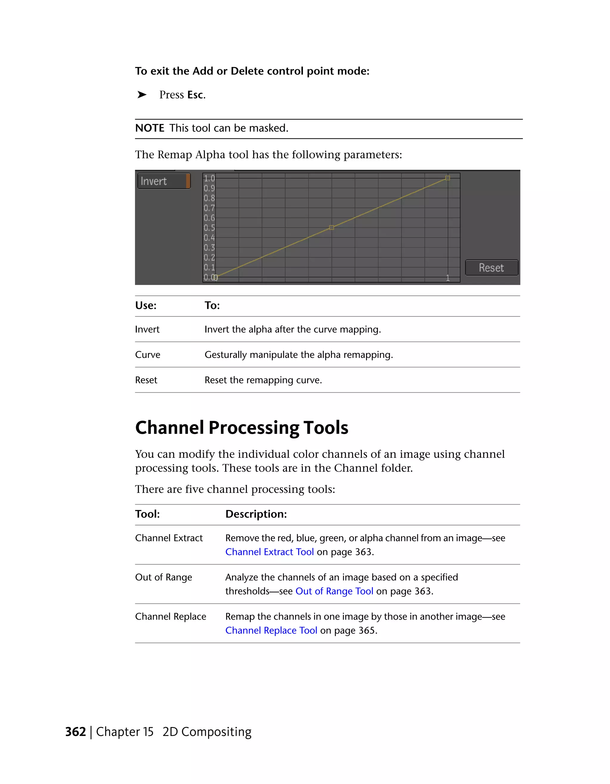 To exit the Add or Delete control point mode:

           ➤       Press Esc.


           NOTE This tool can be masked.

           The Remap Alpha tool has the following parameters:




           Use:              To:

           Invert            Invert the alpha after the curve mapping.

           Curve             Gesturally manipulate the alpha remapping.

           Reset             Reset the remapping curve.




           Channel Processing Tools
           You can modify the individual color channels of an image using channel
           processing tools. These tools are in the Channel folder.
           There are five channel processing tools:

           Tool:                   Description:

           Channel Extract         Remove the red, blue, green, or alpha channel from an image—see
                                   Channel Extract Tool on page 363.

           Out of Range            Analyze the channels of an image based on a specified
                                   thresholds—see Out of Range Tool on page 363.

           Channel Replace         Remap the channels in one image by those in another image—see
                                   Channel Replace Tool on page 365.




362 | Chapter 15 2D Compositing
 