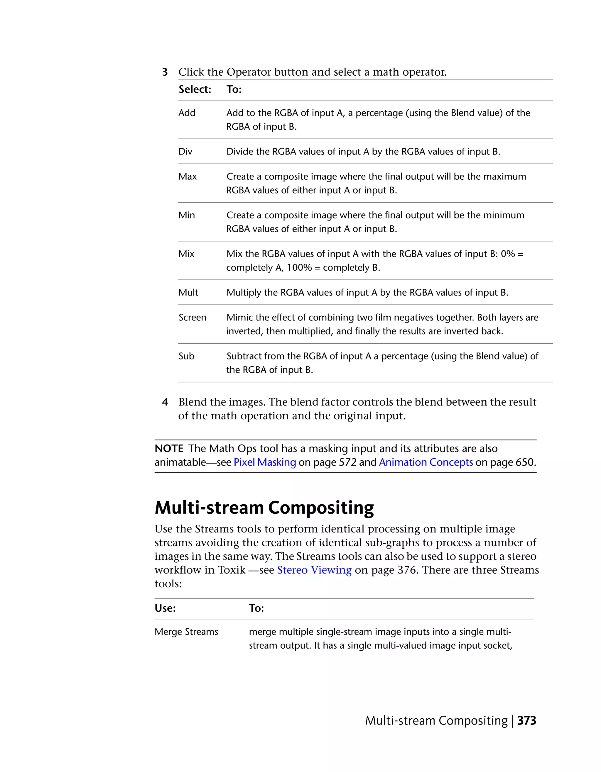3 Click the Operator button and select a math operator.
       Select:   To:

       Add       Add to the RGBA of input A, a percentage (using the Blend value) of the
                 RGBA of input B.

       Div       Divide the RGBA values of input A by the RGBA values of input B.

       Max       Create a composite image where the final output will be the maximum
                 RGBA values of either input A or input B.

       Min       Create a composite image where the final output will be the minimum
                 RGBA values of either input A or input B.

       Mix       Mix the RGBA values of input A with the RGBA values of input B: 0% =
                 completely A, 100% = completely B.

       Mult      Multiply the RGBA values of input A by the RGBA values of input B.

       Screen    Mimic the effect of combining two film negatives together. Both layers are
                 inverted, then multiplied, and finally the results are inverted back.

       Sub       Subtract from the RGBA of input A a percentage (using the Blend value) of
                 the RGBA of input B.


 4 Blend the images. The blend factor controls the blend between the result
   of the math operation and the original input.


NOTE The Math Ops tool has a masking input and its attributes are also
animatable—see Pixel Masking on page 572 and Animation Concepts on page 650.



Multi-stream Compositing
Use the Streams tools to perform identical processing on multiple image
streams avoiding the creation of identical sub-graphs to process a number of
images in the same way. The Streams tools can also be used to support a stereo
workflow in Toxik —see Stereo Viewing on page 376. There are three Streams
tools:

Use:                   To:

Merge Streams          merge multiple single-stream image inputs into a single multi-
                       stream output. It has a single multi-valued image input socket,




                                                  Multi-stream Compositing | 373
 