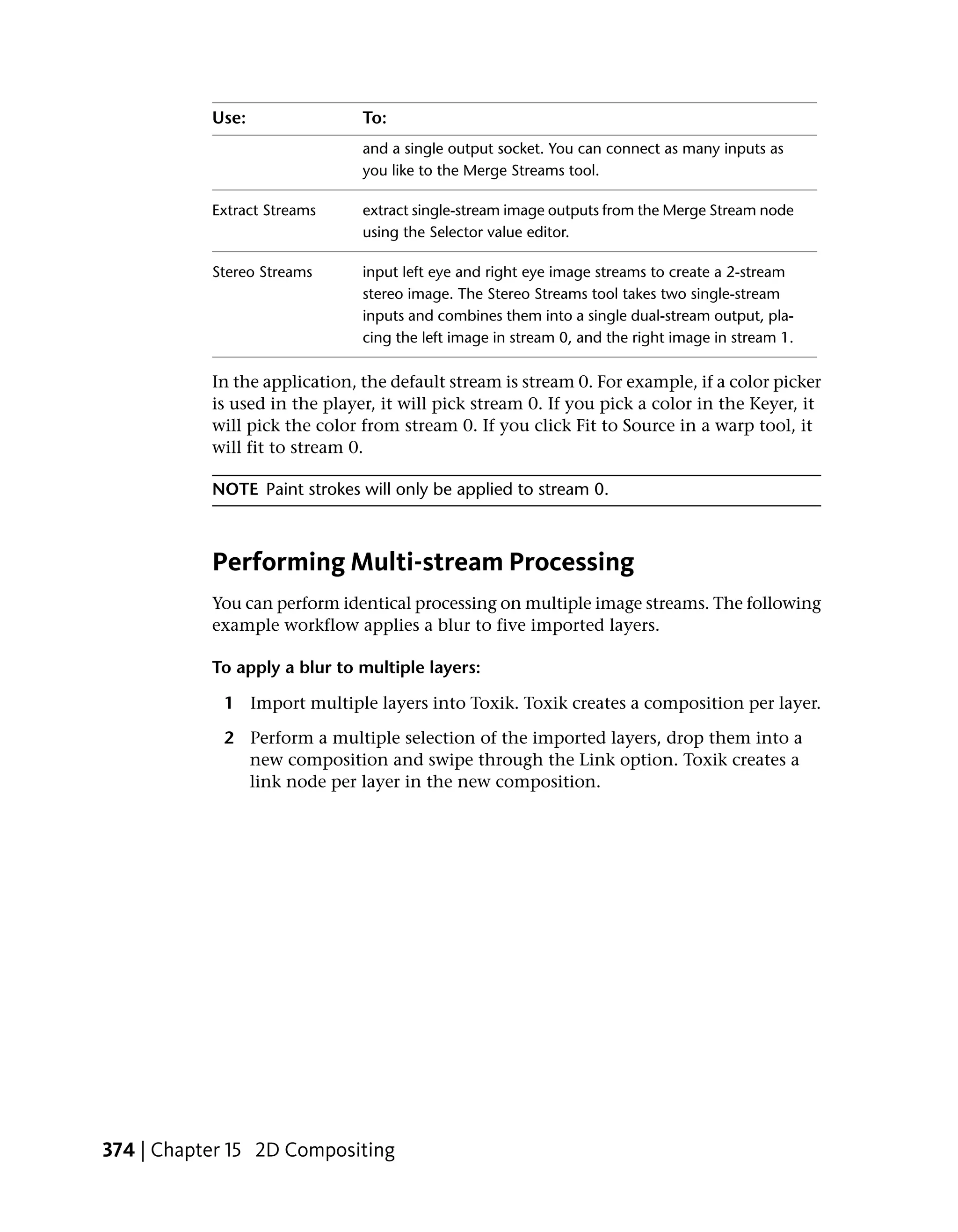 Use:                To:
                               and a single output socket. You can connect as many inputs as
                               you like to the Merge Streams tool.

           Extract Streams     extract single-stream image outputs from the Merge Stream node
                               using the Selector value editor.

           Stereo Streams      input left eye and right eye image streams to create a 2-stream
                               stereo image. The Stereo Streams tool takes two single-stream
                               inputs and combines them into a single dual-stream output, pla-
                               cing the left image in stream 0, and the right image in stream 1.

           In the application, the default stream is stream 0. For example, if a color picker
           is used in the player, it will pick stream 0. If you pick a color in the Keyer, it
           will pick the color from stream 0. If you click Fit to Source in a warp tool, it
           will fit to stream 0.

           NOTE Paint strokes will only be applied to stream 0.



           Performing Multi-stream Processing
           You can perform identical processing on multiple image streams. The following
           example workflow applies a blur to five imported layers.

           To apply a blur to multiple layers:

            1 Import multiple layers into Toxik. Toxik creates a composition per layer.

            2 Perform a multiple selection of the imported layers, drop them into a
              new composition and swipe through the Link option. Toxik creates a
              link node per layer in the new composition.




374 | Chapter 15 2D Compositing
 