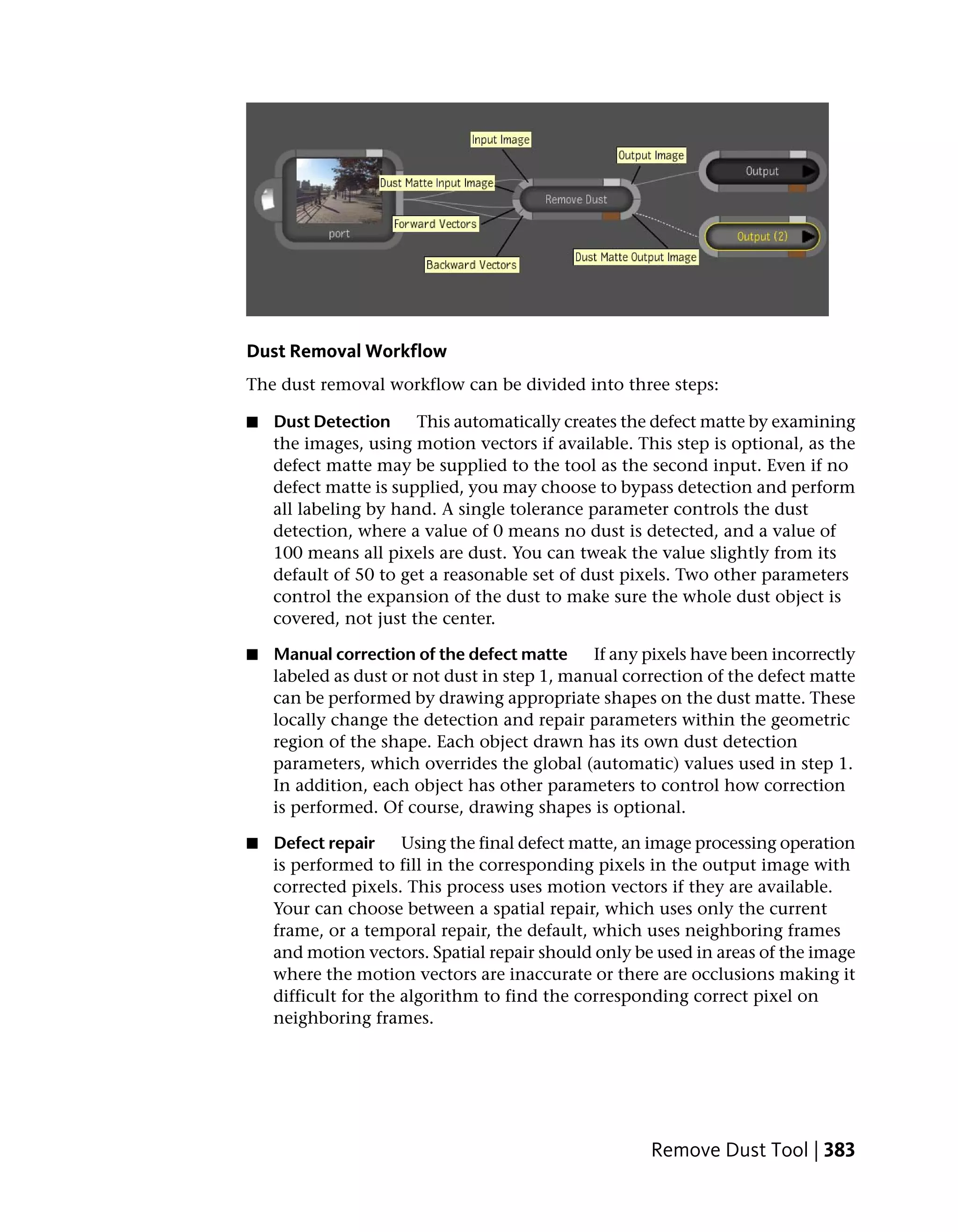 Dust Removal Workflow
The dust removal workflow can be divided into three steps:

■   Dust Detection     This automatically creates the defect matte by examining
    the images, using motion vectors if available. This step is optional, as the
    defect matte may be supplied to the tool as the second input. Even if no
    defect matte is supplied, you may choose to bypass detection and perform
    all labeling by hand. A single tolerance parameter controls the dust
    detection, where a value of 0 means no dust is detected, and a value of
    100 means all pixels are dust. You can tweak the value slightly from its
    default of 50 to get a reasonable set of dust pixels. Two other parameters
    control the expansion of the dust to make sure the whole dust object is
    covered, not just the center.

■   Manual correction of the defect matte     If any pixels have been incorrectly
    labeled as dust or not dust in step 1, manual correction of the defect matte
    can be performed by drawing appropriate shapes on the dust matte. These
    locally change the detection and repair parameters within the geometric
    region of the shape. Each object drawn has its own dust detection
    parameters, which overrides the global (automatic) values used in step 1.
    In addition, each object has other parameters to control how correction
    is performed. Of course, drawing shapes is optional.

■   Defect repair     Using the final defect matte, an image processing operation
    is performed to fill in the corresponding pixels in the output image with
    corrected pixels. This process uses motion vectors if they are available.
    Your can choose between a spatial repair, which uses only the current
    frame, or a temporal repair, the default, which uses neighboring frames
    and motion vectors. Spatial repair should only be used in areas of the image
    where the motion vectors are inaccurate or there are occlusions making it
    difficult for the algorithm to find the corresponding correct pixel on
    neighboring frames.




                                                     Remove Dust Tool | 383
 