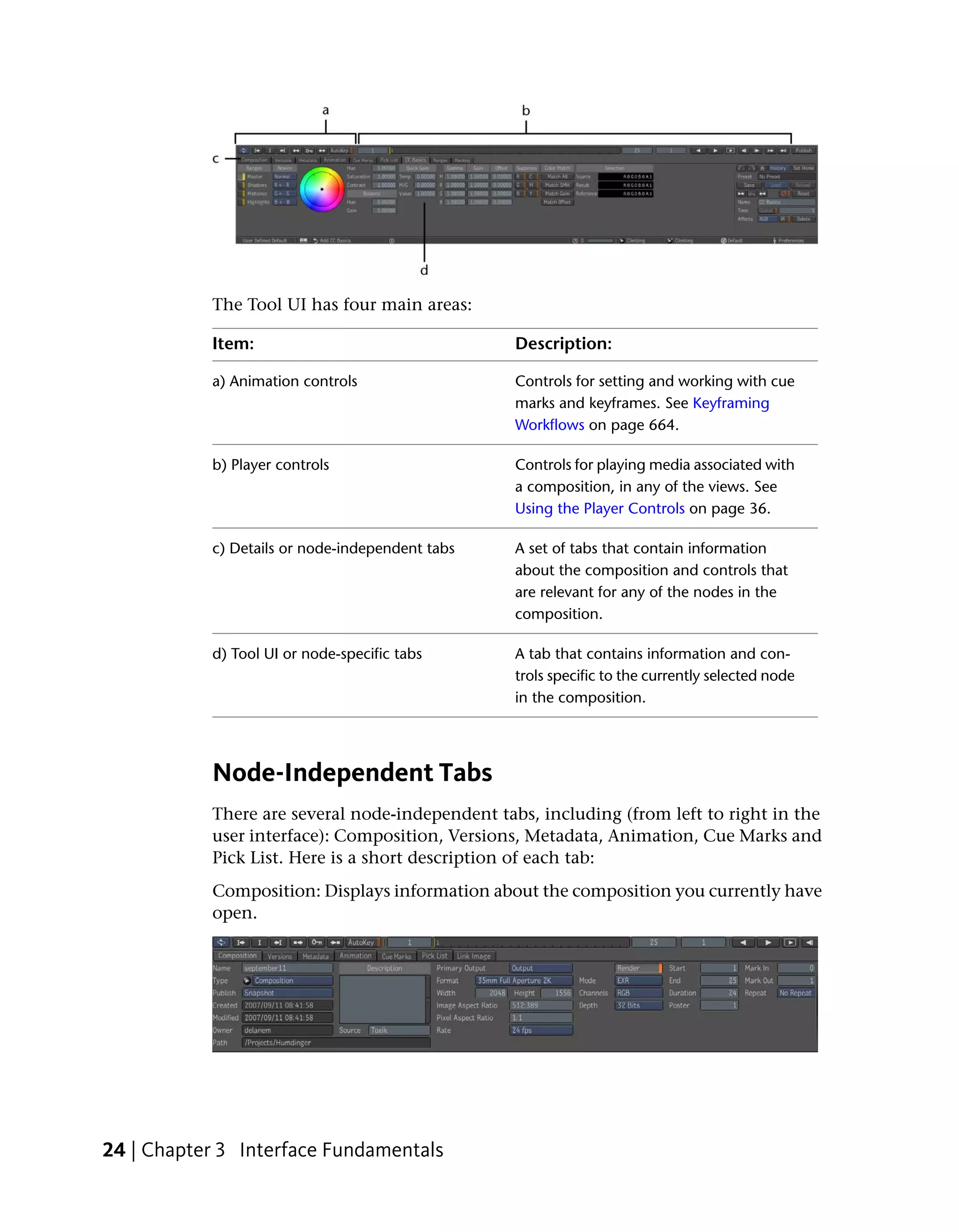 The Tool UI has four main areas:

           Item:                                 Description:

           a) Animation controls                 Controls for setting and working with cue
                                                 marks and keyframes. See Keyframing
                                                 Workflows on page 664.

           b) Player controls                    Controls for playing media associated with
                                                 a composition, in any of the views. See
                                                 Using the Player Controls on page 36.

           c) Details or node-independent tabs   A set of tabs that contain information
                                                 about the composition and controls that
                                                 are relevant for any of the nodes in the
                                                 composition.

           d) Tool UI or node-specific tabs      A tab that contains information and con-
                                                 trols specific to the currently selected node
                                                 in the composition.




           Node-Independent Tabs
           There are several node-independent tabs, including (from left to right in the
           user interface): Composition, Versions, Metadata, Animation, Cue Marks and
           Pick List. Here is a short description of each tab:
           Composition: Displays information about the composition you currently have
           open.




24 | Chapter 3 Interface Fundamentals
 