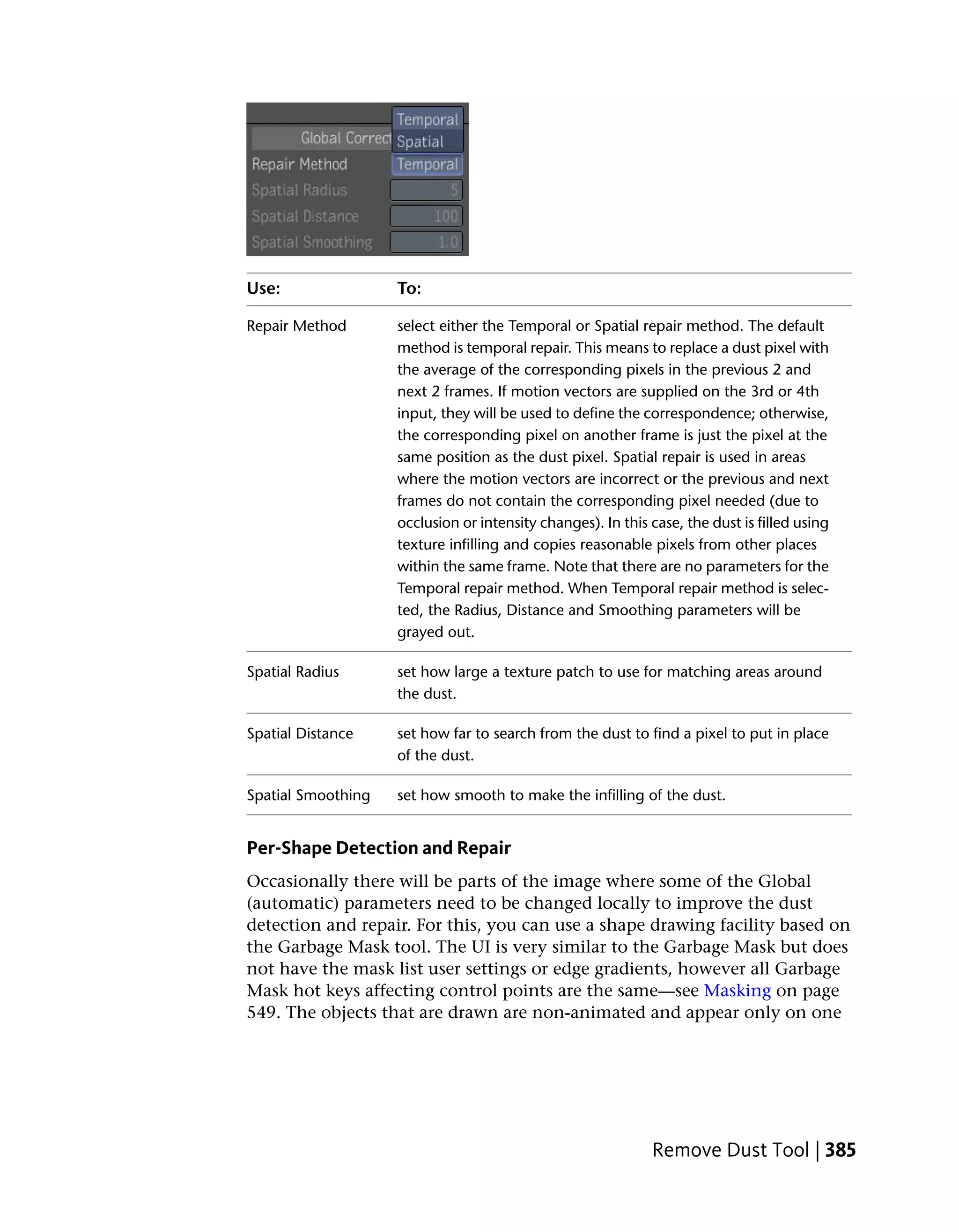 Use:                To:

Repair Method       select either the Temporal or Spatial repair method. The default
                    method is temporal repair. This means to replace a dust pixel with
                    the average of the corresponding pixels in the previous 2 and
                    next 2 frames. If motion vectors are supplied on the 3rd or 4th
                    input, they will be used to define the correspondence; otherwise,
                    the corresponding pixel on another frame is just the pixel at the
                    same position as the dust pixel. Spatial repair is used in areas
                    where the motion vectors are incorrect or the previous and next
                    frames do not contain the corresponding pixel needed (due to
                    occlusion or intensity changes). In this case, the dust is filled using
                    texture infilling and copies reasonable pixels from other places
                    within the same frame. Note that there are no parameters for the
                    Temporal repair method. When Temporal repair method is selec-
                    ted, the Radius, Distance and Smoothing parameters will be
                    grayed out.

Spatial Radius      set how large a texture patch to use for matching areas around
                    the dust.

Spatial Distance    set how far to search from the dust to find a pixel to put in place
                    of the dust.

Spatial Smoothing   set how smooth to make the infilling of the dust.


Per-Shape Detection and Repair
Occasionally there will be parts of the image where some of the Global
(automatic) parameters need to be changed locally to improve the dust
detection and repair. For this, you can use a shape drawing facility based on
the Garbage Mask tool. The UI is very similar to the Garbage Mask but does
not have the mask list user settings or edge gradients, however all Garbage
Mask hot keys affecting control points are the same—see Masking on page
549. The objects that are drawn are non-animated and appear only on one




                                                             Remove Dust Tool | 385
 