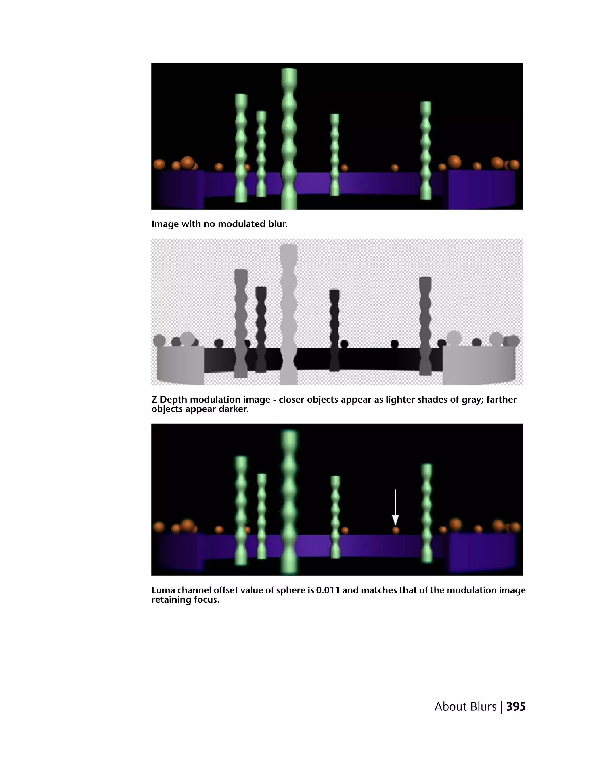 Image with no modulated blur.




Z Depth modulation image - closer objects appear as lighter shades of gray; farther
objects appear darker.




Luma channel offset value of sphere is 0.011 and matches that of the modulation image
retaining focus.




                                                                About Blurs | 395
 