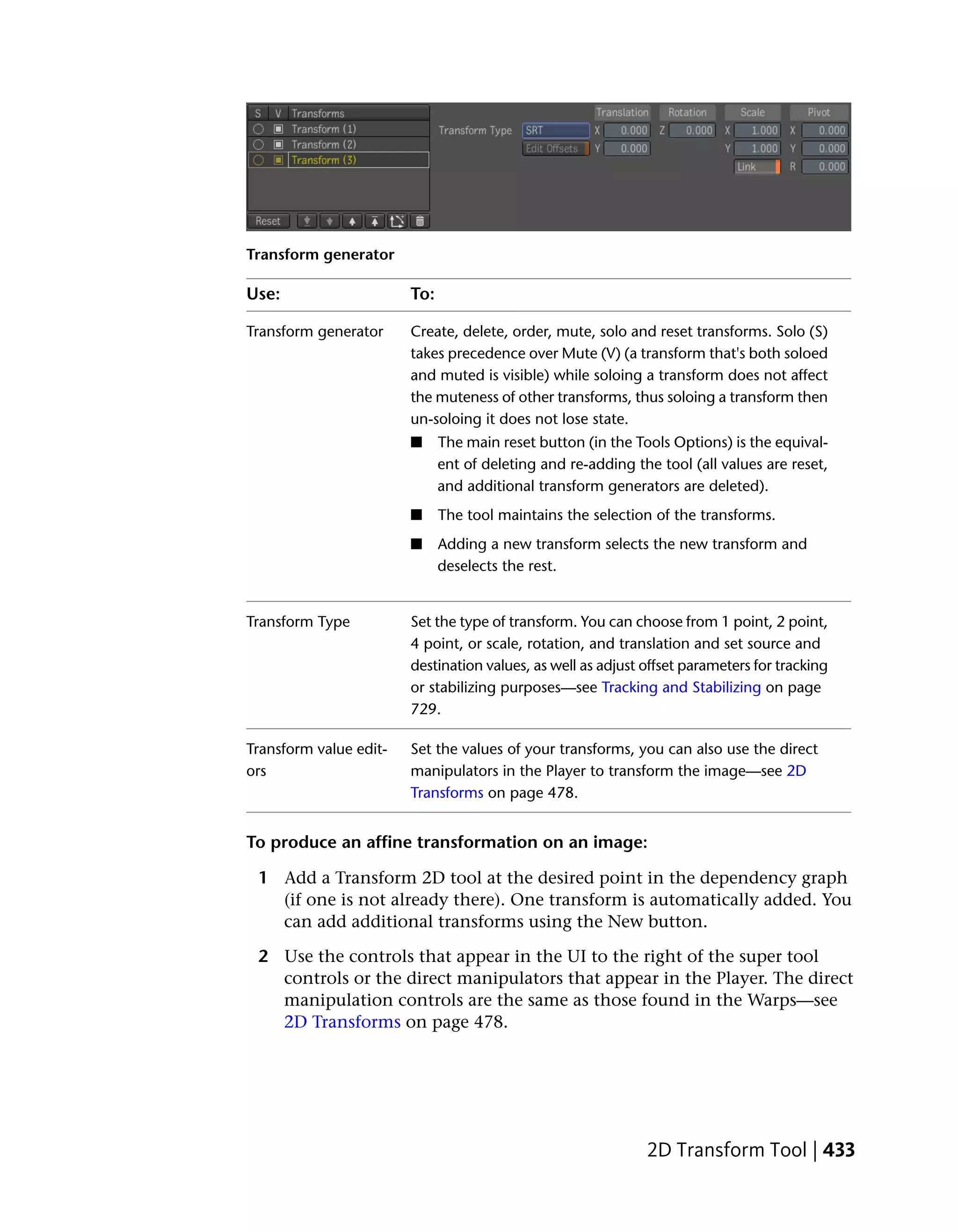 Transform generator

Use:                    To:

Transform generator     Create, delete, order, mute, solo and reset transforms. Solo (S)
                        takes precedence over Mute (V) (a transform that's both soloed
                        and muted is visible) while soloing a transform does not affect
                        the muteness of other transforms, thus soloing a transform then
                        un-soloing it does not lose state.
                        ■     The main reset button (in the Tools Options) is the equival-
                              ent of deleting and re-adding the tool (all values are reset,
                              and additional transform generators are deleted).
                        ■     The tool maintains the selection of the transforms.
                        ■     Adding a new transform selects the new transform and
                              deselects the rest.


Transform Type          Set the type of transform. You can choose from 1 point, 2 point,
                        4 point, or scale, rotation, and translation and set source and
                        destination values, as well as adjust offset parameters for tracking
                        or stabilizing purposes—see Tracking and Stabilizing on page
                        729.

Transform value edit-   Set the values of your transforms, you can also use the direct
ors                     manipulators in the Player to transform the image—see 2D
                        Transforms on page 478.


To produce an affine transformation on an image:

 1 Add a Transform 2D tool at the desired point in the dependency graph
   (if one is not already there). One transform is automatically added. You
   can add additional transforms using the New button.

 2 Use the controls that appear in the UI to the right of the super tool
   controls or the direct manipulators that appear in the Player. The direct
   manipulation controls are the same as those found in the Warps—see
   2D Transforms on page 478.




                                                              2D Transform Tool | 433
 