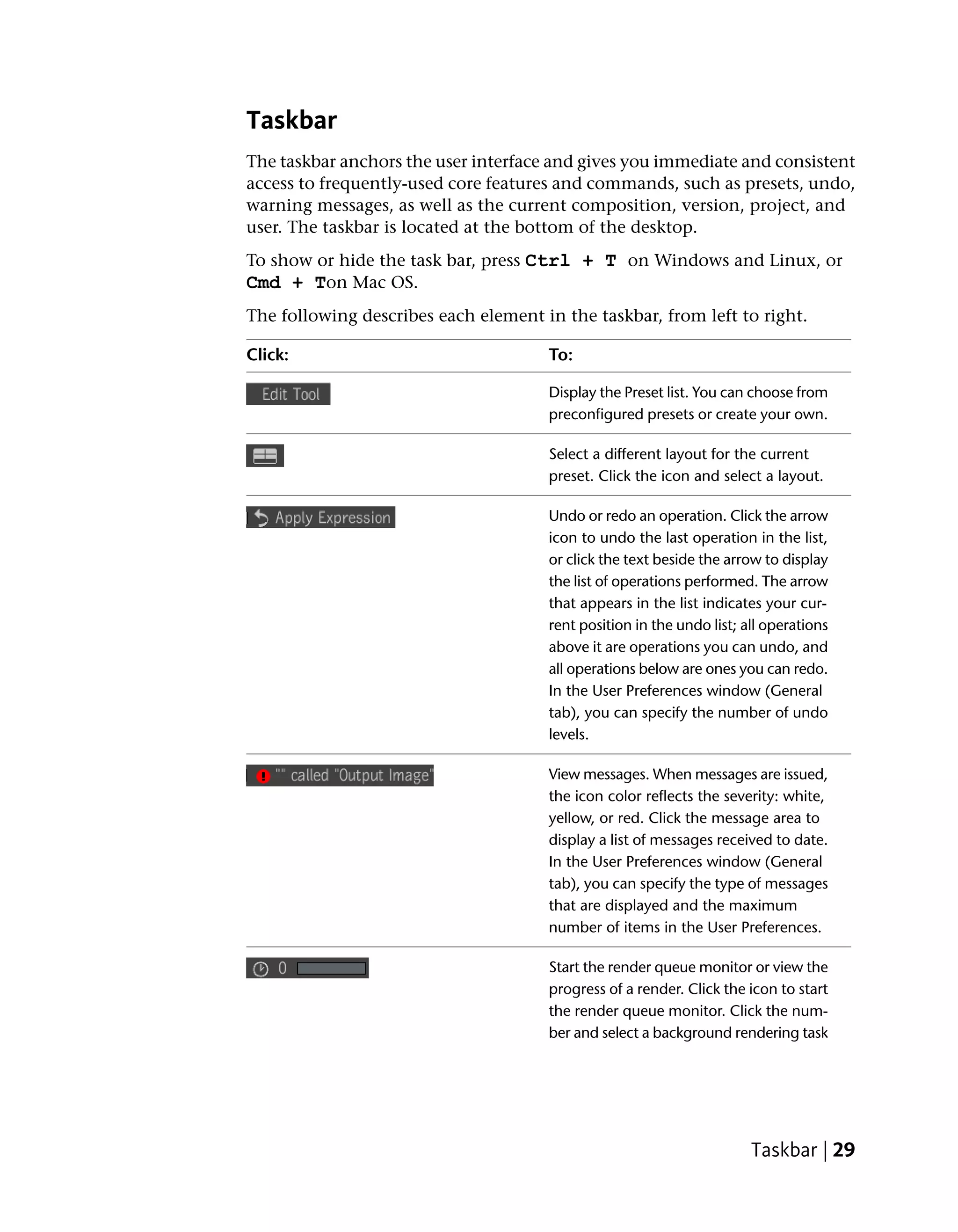 Taskbar
The taskbar anchors the user interface and gives you immediate and consistent
access to frequently-used core features and commands, such as presets, undo,
warning messages, as well as the current composition, version, project, and
user. The taskbar is located at the bottom of the desktop.
To show or hide the task bar, press Ctrl + T on Windows and Linux, or
Cmd + Ton Mac OS.
The following describes each element in the taskbar, from left to right.

Click:                                To:

                                      Display the Preset list. You can choose from
                                      preconfigured presets or create your own.

                                      Select a different layout for the current
                                      preset. Click the icon and select a layout.

                                      Undo or redo an operation. Click the arrow
                                      icon to undo the last operation in the list,
                                      or click the text beside the arrow to display
                                      the list of operations performed. The arrow
                                      that appears in the list indicates your cur-
                                      rent position in the undo list; all operations
                                      above it are operations you can undo, and
                                      all operations below are ones you can redo.
                                      In the User Preferences window (General
                                      tab), you can specify the number of undo
                                      levels.

                                      View messages. When messages are issued,
                                      the icon color reflects the severity: white,
                                      yellow, or red. Click the message area to
                                      display a list of messages received to date.
                                      In the User Preferences window (General
                                      tab), you can specify the type of messages
                                      that are displayed and the maximum
                                      number of items in the User Preferences.

                                      Start the render queue monitor or view the
                                      progress of a render. Click the icon to start
                                      the render queue monitor. Click the num-
                                      ber and select a background rendering task




                                                                       Taskbar | 29
 