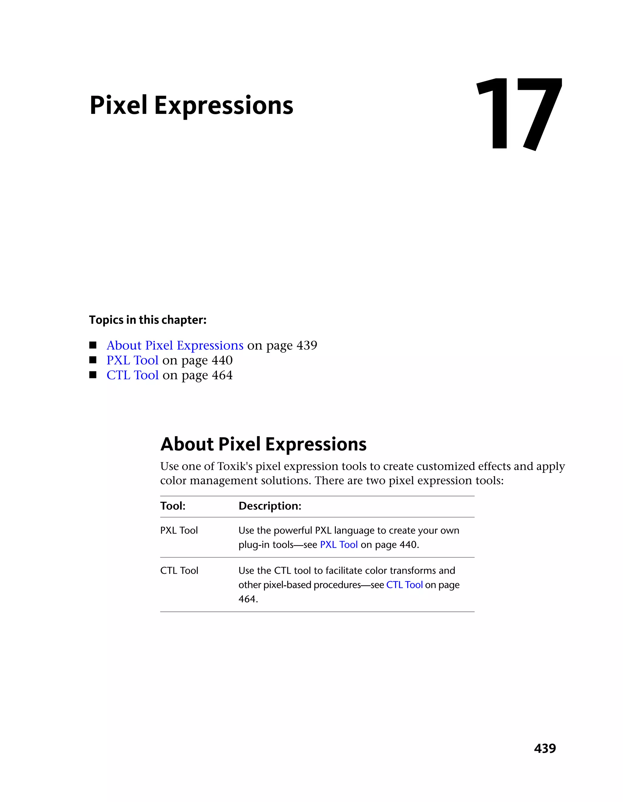 Pixel Expressions
                                                                                  17
Topics in this chapter:
■   About Pixel Expressions on page 439
■   PXL Tool on page 440
■   CTL Tool on page 464




             About Pixel Expressions
             Use one of Toxik's pixel expression tools to create customized effects and apply
             color management solutions. There are two pixel expression tools:

             Tool:          Description:

             PXL Tool       Use the powerful PXL language to create your own
                            plug-in tools—see PXL Tool on page 440.

             CTL Tool       Use the CTL tool to facilitate color transforms and
                            other pixel-based procedures—see CTL Tool on page
                            464.




                                                                                      439
 