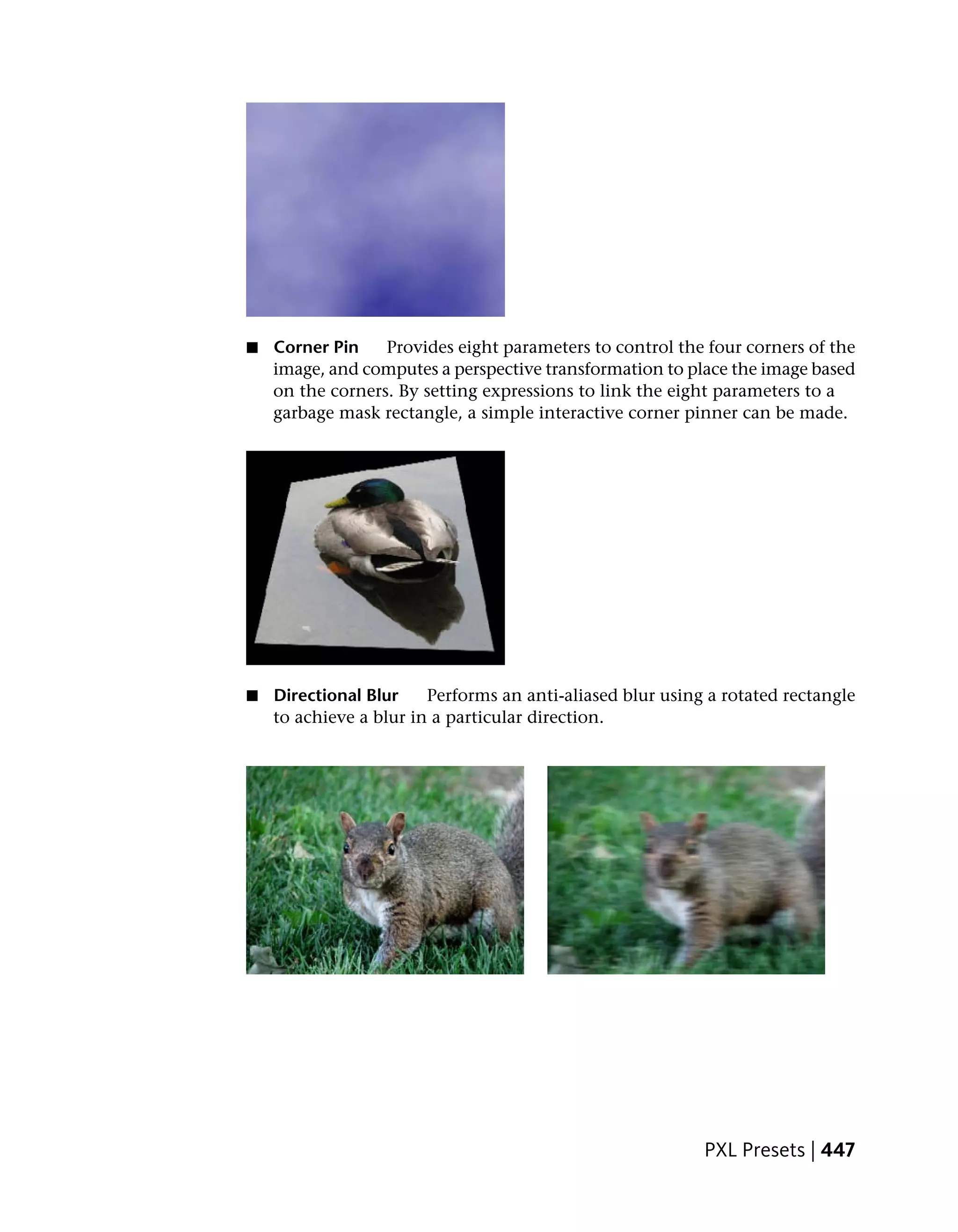 ■   Corner Pin    Provides eight parameters to control the four corners of the
    image, and computes a perspective transformation to place the image based
    on the corners. By setting expressions to link the eight parameters to a
    garbage mask rectangle, a simple interactive corner pinner can be made.




■   Directional Blur    Performs an anti-aliased blur using a rotated rectangle
    to achieve a blur in a particular direction.




                                                           PXL Presets | 447
 