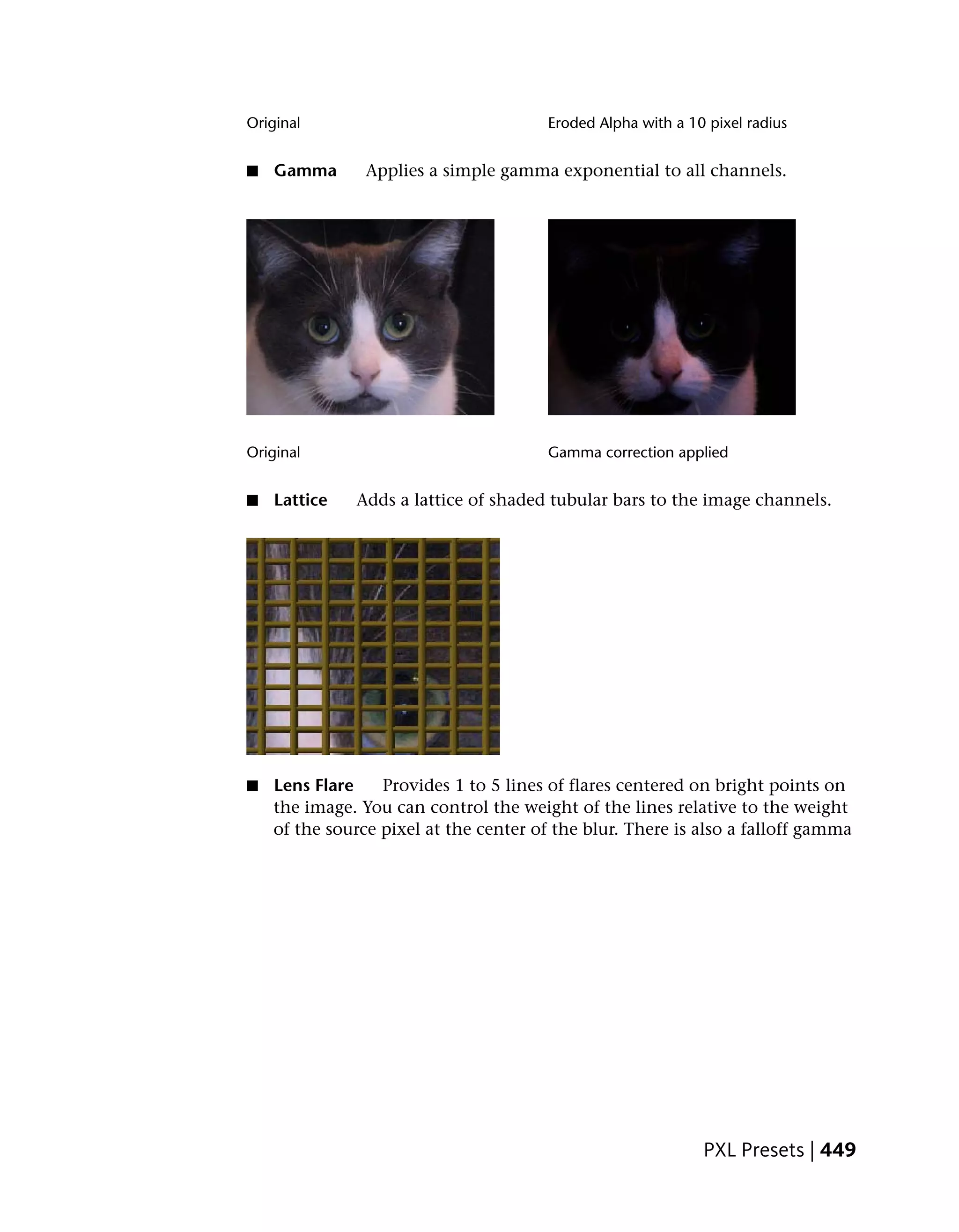 Original                                Eroded Alpha with a 10 pixel radius


■   Gamma       Applies a simple gamma exponential to all channels.




Original                                Gamma correction applied


■   Lattice   Adds a lattice of shaded tubular bars to the image channels.




■   Lens Flare    Provides 1 to 5 lines of flares centered on bright points on
    the image. You can control the weight of the lines relative to the weight
    of the source pixel at the center of the blur. There is also a falloff gamma




                                                              PXL Presets | 449
 