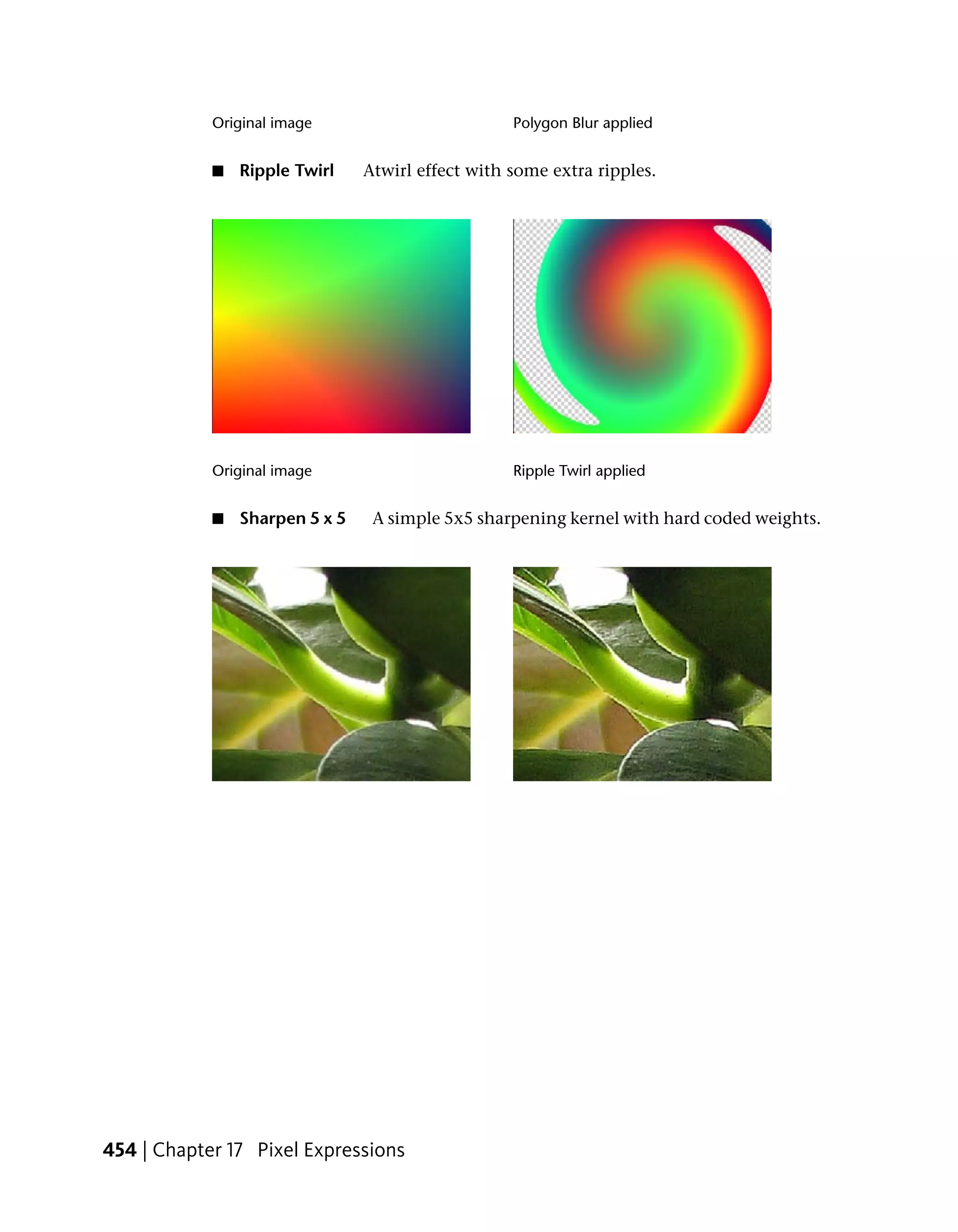 Original image                         Polygon Blur applied


            ■   Ripple Twirl    Atwirl effect with some extra ripples.




            Original image                         Ripple Twirl applied


            ■   Sharpen 5 x 5    A simple 5x5 sharpening kernel with hard coded weights.




454 | Chapter 17 Pixel Expressions
 