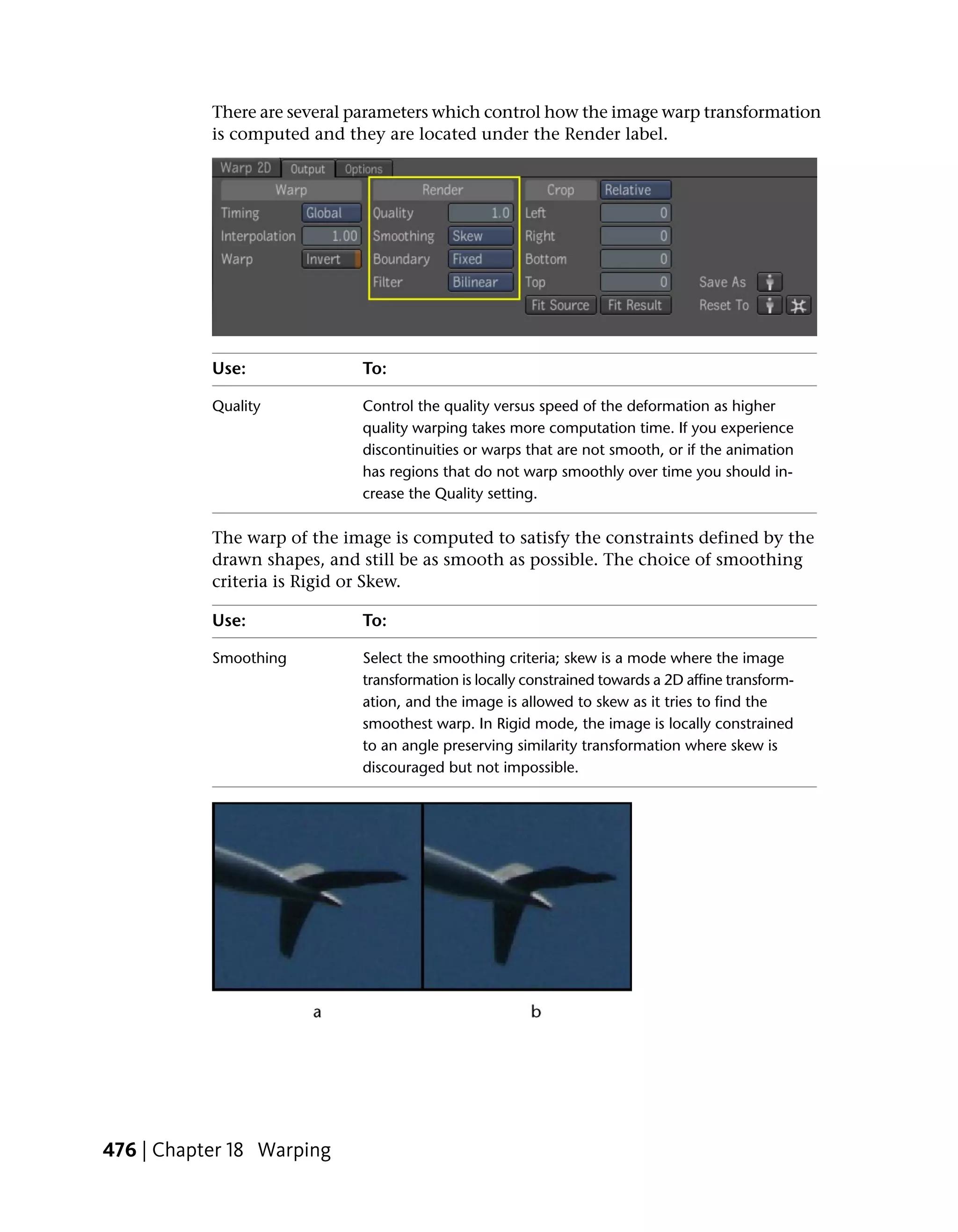 There are several parameters which control how the image warp transformation
           is computed and they are located under the Render label.




           Use:              To:

           Quality           Control the quality versus speed of the deformation as higher
                             quality warping takes more computation time. If you experience
                             discontinuities or warps that are not smooth, or if the animation
                             has regions that do not warp smoothly over time you should in-
                             crease the Quality setting.

           The warp of the image is computed to satisfy the constraints defined by the
           drawn shapes, and still be as smooth as possible. The choice of smoothing
           criteria is Rigid or Skew.

           Use:              To:

           Smoothing         Select the smoothing criteria; skew is a mode where the image
                             transformation is locally constrained towards a 2D affine transform-
                             ation, and the image is allowed to skew as it tries to find the
                             smoothest warp. In Rigid mode, the image is locally constrained
                             to an angle preserving similarity transformation where skew is
                             discouraged but not impossible.




476 | Chapter 18 Warping
 