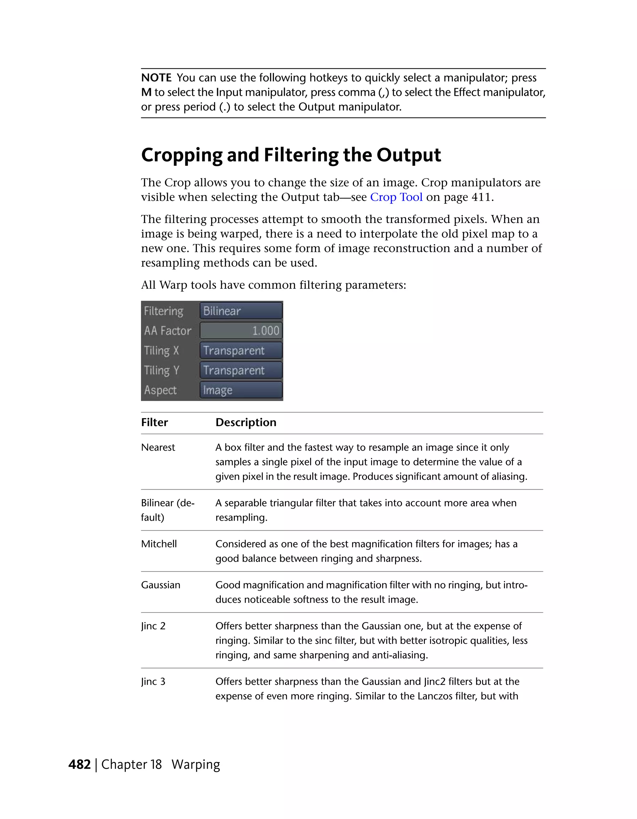 NOTE You can use the following hotkeys to quickly select a manipulator; press
           M to select the Input manipulator, press comma (,) to select the Effect manipulator,
           or press period (.) to select the Output manipulator.



           Cropping and Filtering the Output
           The Crop allows you to change the size of an image. Crop manipulators are
           visible when selecting the Output tab—see Crop Tool on page 411.
           The filtering processes attempt to smooth the transformed pixels. When an
           image is being warped, there is a need to interpolate the old pixel map to a
           new one. This requires some form of image reconstruction and a number of
           resampling methods can be used.
           All Warp tools have common filtering parameters:




           Filter          Description

           Nearest         A box filter and the fastest way to resample an image since it only
                           samples a single pixel of the input image to determine the value of a
                           given pixel in the result image. Produces significant amount of aliasing.

           Bilinear (de-   A separable triangular filter that takes into account more area when
           fault)          resampling.

           Mitchell        Considered as one of the best magnification filters for images; has a
                           good balance between ringing and sharpness.

           Gaussian        Good magnification and magnification filter with no ringing, but intro-
                           duces noticeable softness to the result image.

           Jinc 2          Offers better sharpness than the Gaussian one, but at the expense of
                           ringing. Similar to the sinc filter, but with better isotropic qualities, less
                           ringing, and same sharpening and anti-aliasing.

           Jinc 3          Offers better sharpness than the Gaussian and Jinc2 filters but at the
                           expense of even more ringing. Similar to the Lanczos filter, but with




482 | Chapter 18 Warping
 