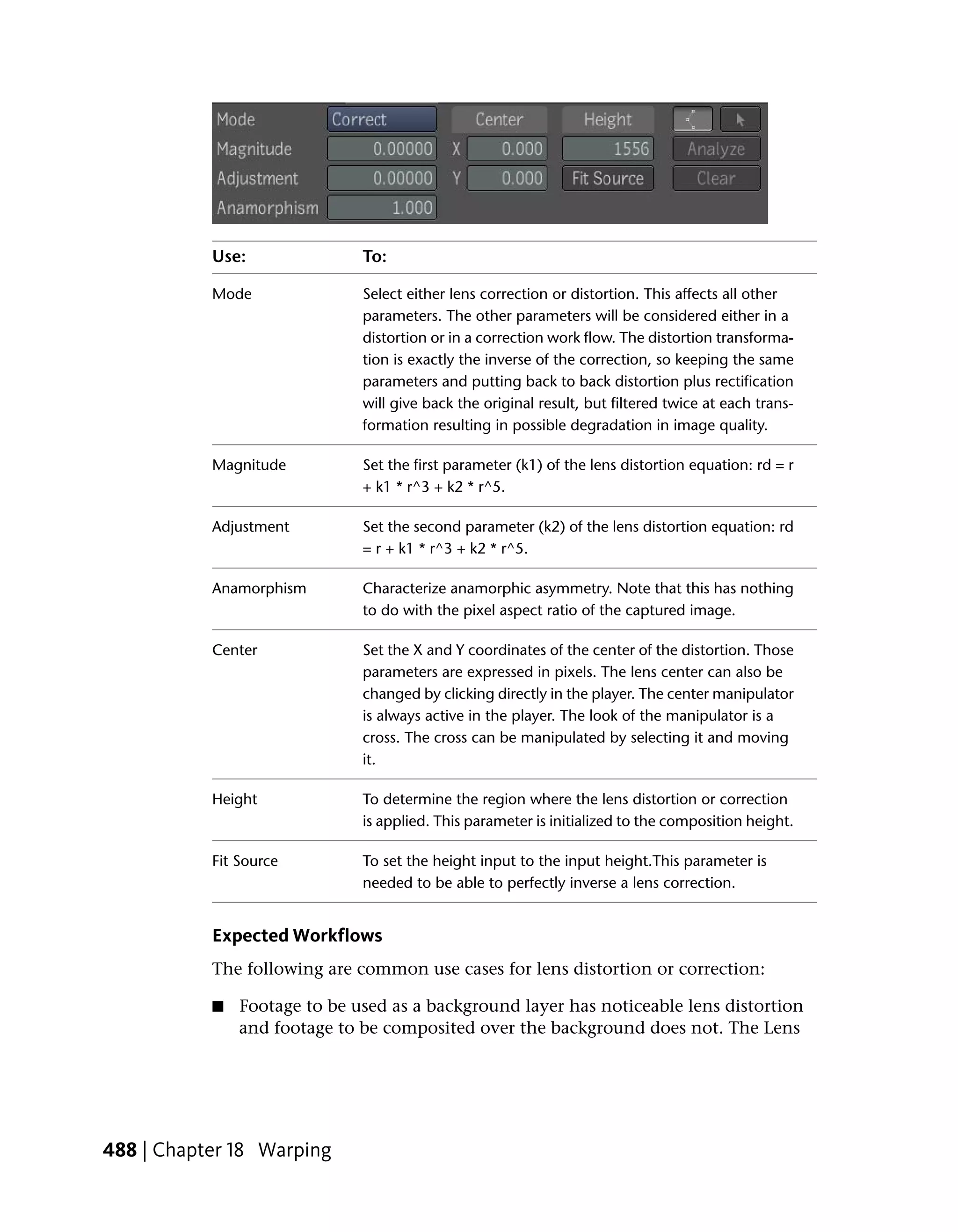 Use:               To:

           Mode               Select either lens correction or distortion. This affects all other
                              parameters. The other parameters will be considered either in a
                              distortion or in a correction work flow. The distortion transforma-
                              tion is exactly the inverse of the correction, so keeping the same
                              parameters and putting back to back distortion plus rectification
                              will give back the original result, but filtered twice at each trans-
                              formation resulting in possible degradation in image quality.

           Magnitude          Set the first parameter (k1) of the lens distortion equation: rd = r
                              + k1 * r^3 + k2 * r^5.

           Adjustment         Set the second parameter (k2) of the lens distortion equation: rd
                              = r + k1 * r^3 + k2 * r^5.

           Anamorphism        Characterize anamorphic asymmetry. Note that this has nothing
                              to do with the pixel aspect ratio of the captured image.

           Center             Set the X and Y coordinates of the center of the distortion. Those
                              parameters are expressed in pixels. The lens center can also be
                              changed by clicking directly in the player. The center manipulator
                              is always active in the player. The look of the manipulator is a
                              cross. The cross can be manipulated by selecting it and moving
                              it.

           Height             To determine the region where the lens distortion or correction
                              is applied. This parameter is initialized to the composition height.

           Fit Source         To set the height input to the input height.This parameter is
                              needed to be able to perfectly inverse a lens correction.


           Expected Workflows
           The following are common use cases for lens distortion or correction:

           ■   Footage to be used as a background layer has noticeable lens distortion
               and footage to be composited over the background does not. The Lens




488 | Chapter 18 Warping
 