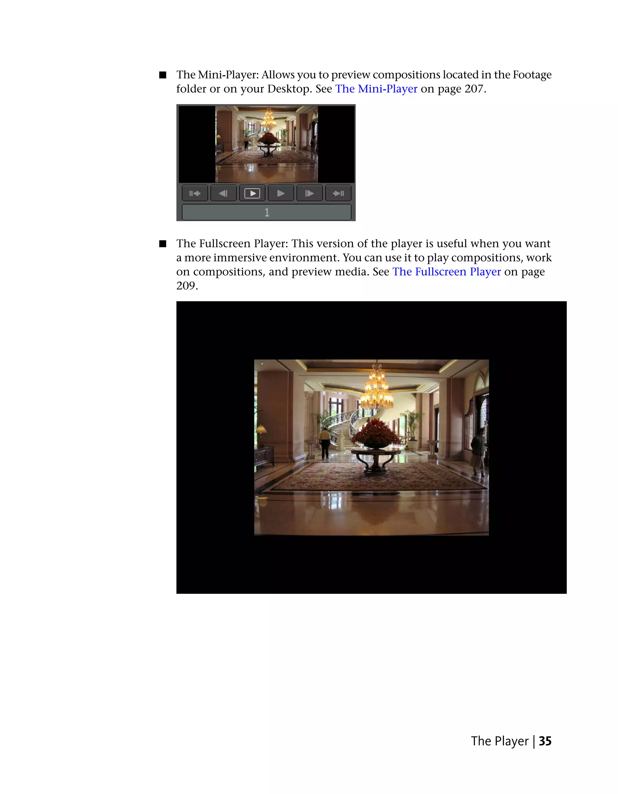 ■   The Mini-Player: Allows you to preview compositions located in the Footage
    folder or on your Desktop. See The Mini-Player on page 207.




■   The Fullscreen Player: This version of the player is useful when you want
    a more immersive environment. You can use it to play compositions, work
    on compositions, and preview media. See The Fullscreen Player on page
    209.




                                                              The Player | 35
 