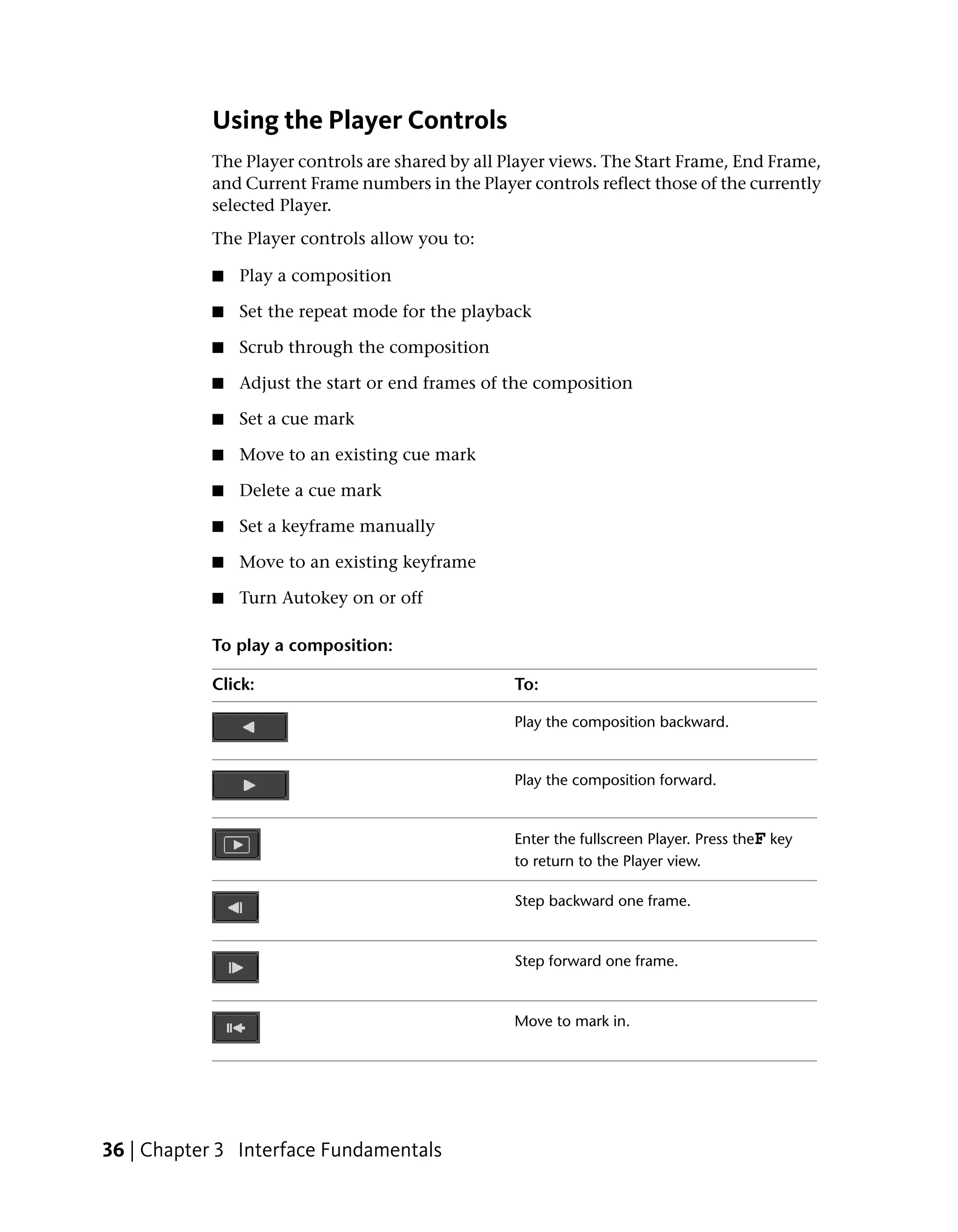 Using the Player Controls
           The Player controls are shared by all Player views. The Start Frame, End Frame,
           and Current Frame numbers in the Player controls reflect those of the currently
           selected Player.
           The Player controls allow you to:

           ■   Play a composition

           ■   Set the repeat mode for the playback

           ■   Scrub through the composition

           ■   Adjust the start or end frames of the composition

           ■   Set a cue mark

           ■   Move to an existing cue mark

           ■   Delete a cue mark

           ■   Set a keyframe manually

           ■   Move to an existing keyframe

           ■   Turn Autokey on or off

           To play a composition:

           Click:                                 To:

                                                  Play the composition backward.


                                                  Play the composition forward.


                                                  Enter the fullscreen Player. Press theF key
                                                  to return to the Player view.

                                                  Step backward one frame.


                                                  Step forward one frame.


                                                  Move to mark in.




36 | Chapter 3 Interface Fundamentals
 