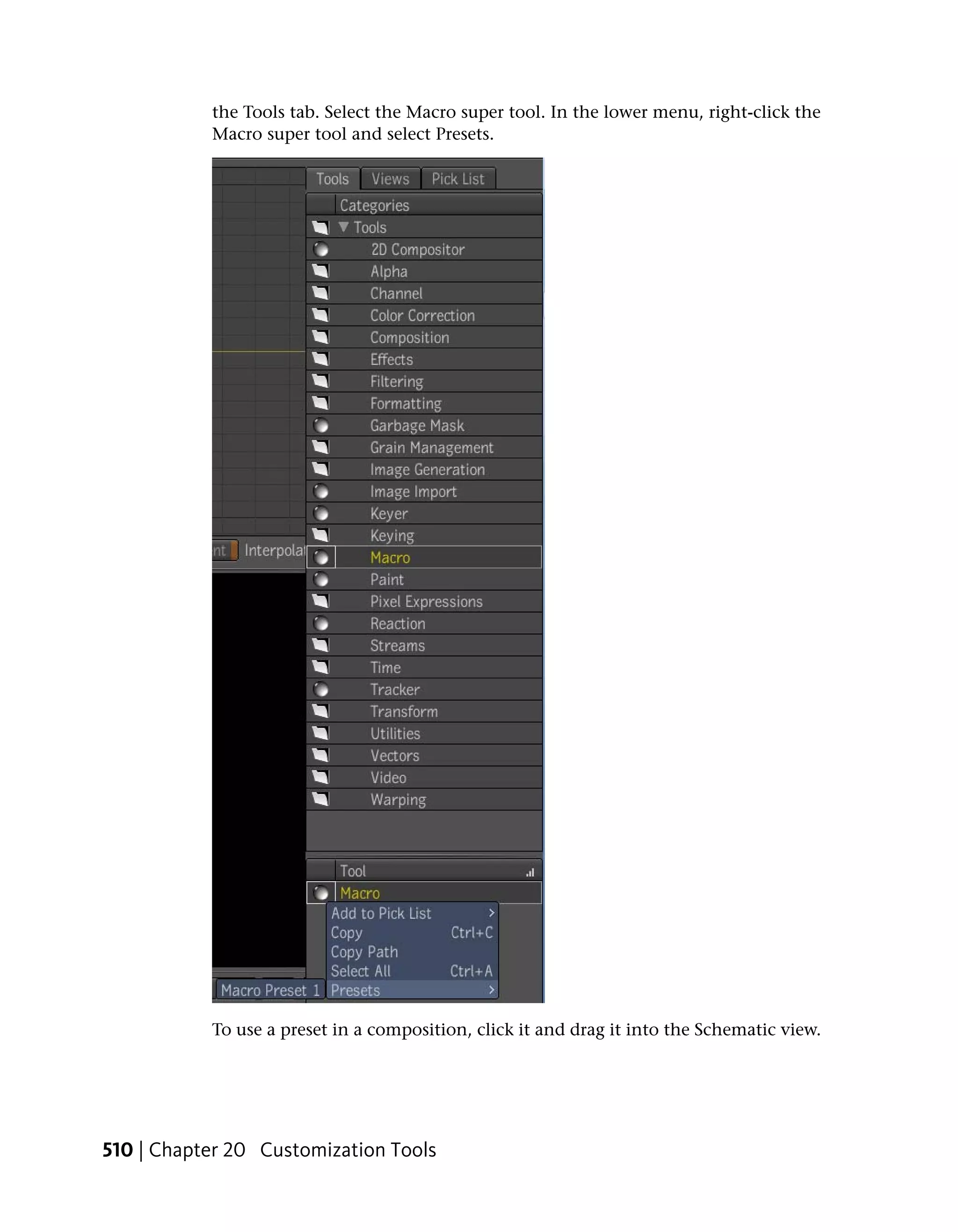 the Tools tab. Select the Macro super tool. In the lower menu, right-click the
           Macro super tool and select Presets.




           To use a preset in a composition, click it and drag it into the Schematic view.




510 | Chapter 20 Customization Tools
 