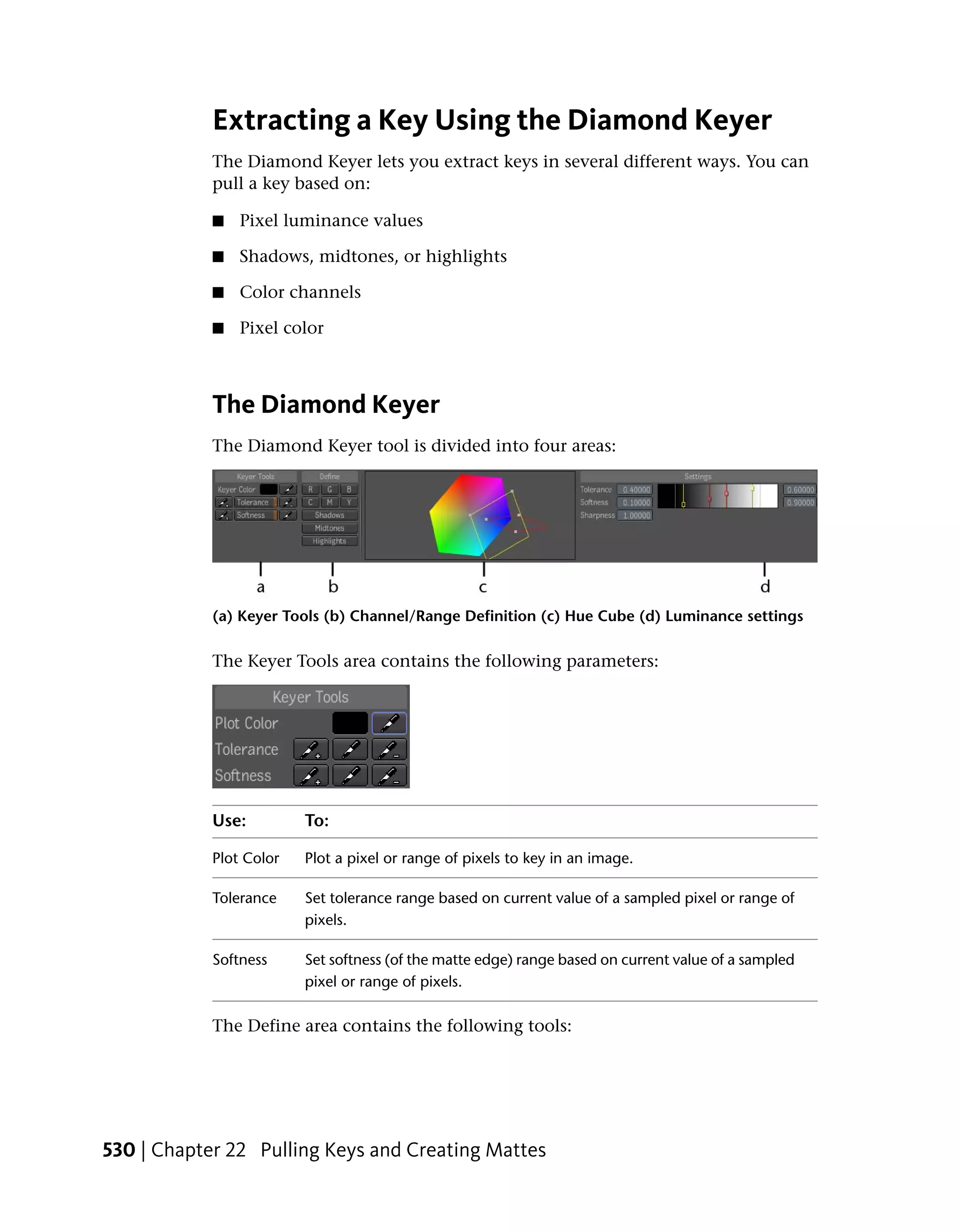 Extracting a Key Using the Diamond Keyer
            The Diamond Keyer lets you extract keys in several different ways. You can
            pull a key based on:

            ■   Pixel luminance values

            ■   Shadows, midtones, or highlights

            ■   Color channels

            ■   Pixel color



            The Diamond Keyer
            The Diamond Keyer tool is divided into four areas:




            (a) Keyer Tools (b) Channel/Range Definition (c) Hue Cube (d) Luminance settings

            The Keyer Tools area contains the following parameters:




            Use:         To:

            Plot Color   Plot a pixel or range of pixels to key in an image.

            Tolerance    Set tolerance range based on current value of a sampled pixel or range of
                         pixels.

            Softness     Set softness (of the matte edge) range based on current value of a sampled
                         pixel or range of pixels.

            The Define area contains the following tools:




530 | Chapter 22 Pulling Keys and Creating Mattes
 