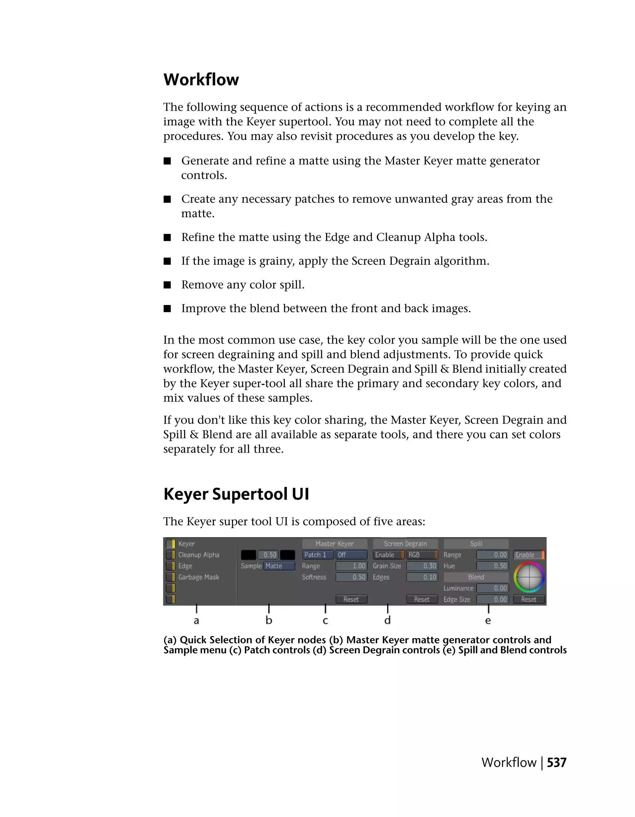 Workflow
The following sequence of actions is a recommended workflow for keying an
image with the Keyer supertool. You may not need to complete all the
procedures. You may also revisit procedures as you develop the key.

■   Generate and refine a matte using the Master Keyer matte generator
    controls.

■   Create any necessary patches to remove unwanted gray areas from the
    matte.

■   Refine the matte using the Edge and Cleanup Alpha tools.

■   If the image is grainy, apply the Screen Degrain algorithm.

■   Remove any color spill.

■   Improve the blend between the front and back images.

In the most common use case, the key color you sample will be the one used
for screen degraining and spill and blend adjustments. To provide quick
workflow, the Master Keyer, Screen Degrain and Spill & Blend initially created
by the Keyer super-tool all share the primary and secondary key colors, and
mix values of these samples.
If you don't like this key color sharing, the Master Keyer, Screen Degrain and
Spill & Blend are all available as separate tools, and there you can set colors
separately for all three.



Keyer Supertool UI
The Keyer super tool UI is composed of five areas:




(a) Quick Selection of Keyer nodes (b) Master Keyer matte generator controls and
Sample menu (c) Patch controls (d) Screen Degrain controls (e) Spill and Blend controls




                                                                    Workflow | 537
 