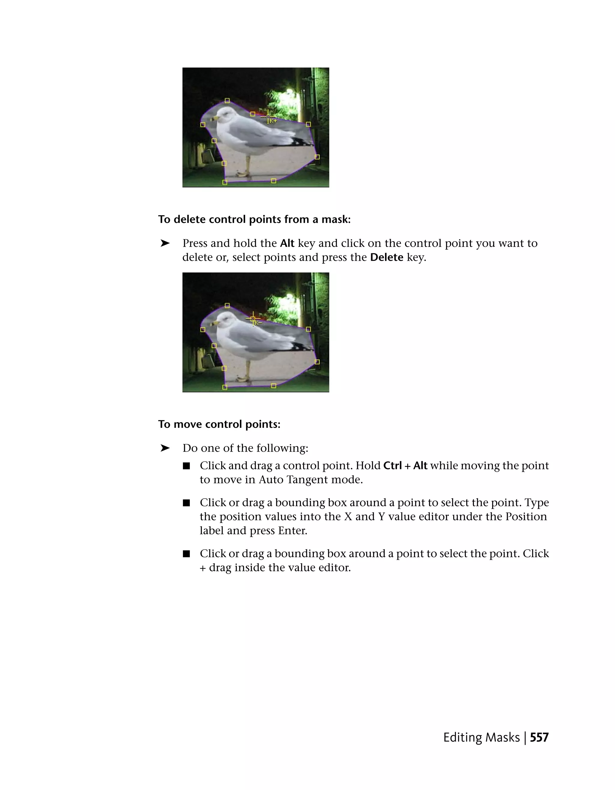 To delete control points from a mask:

➤   Press and hold the Alt key and click on the control point you want to
    delete or, select points and press the Delete key.




To move control points:

➤   Do one of the following:
    ■   Click and drag a control point. Hold Ctrl + Alt while moving the point
        to move in Auto Tangent mode.

    ■   Click or drag a bounding box around a point to select the point. Type
        the position values into the X and Y value editor under the Position
        label and press Enter.

    ■   Click or drag a bounding box around a point to select the point. Click
        + drag inside the value editor.




                                                        Editing Masks | 557
 