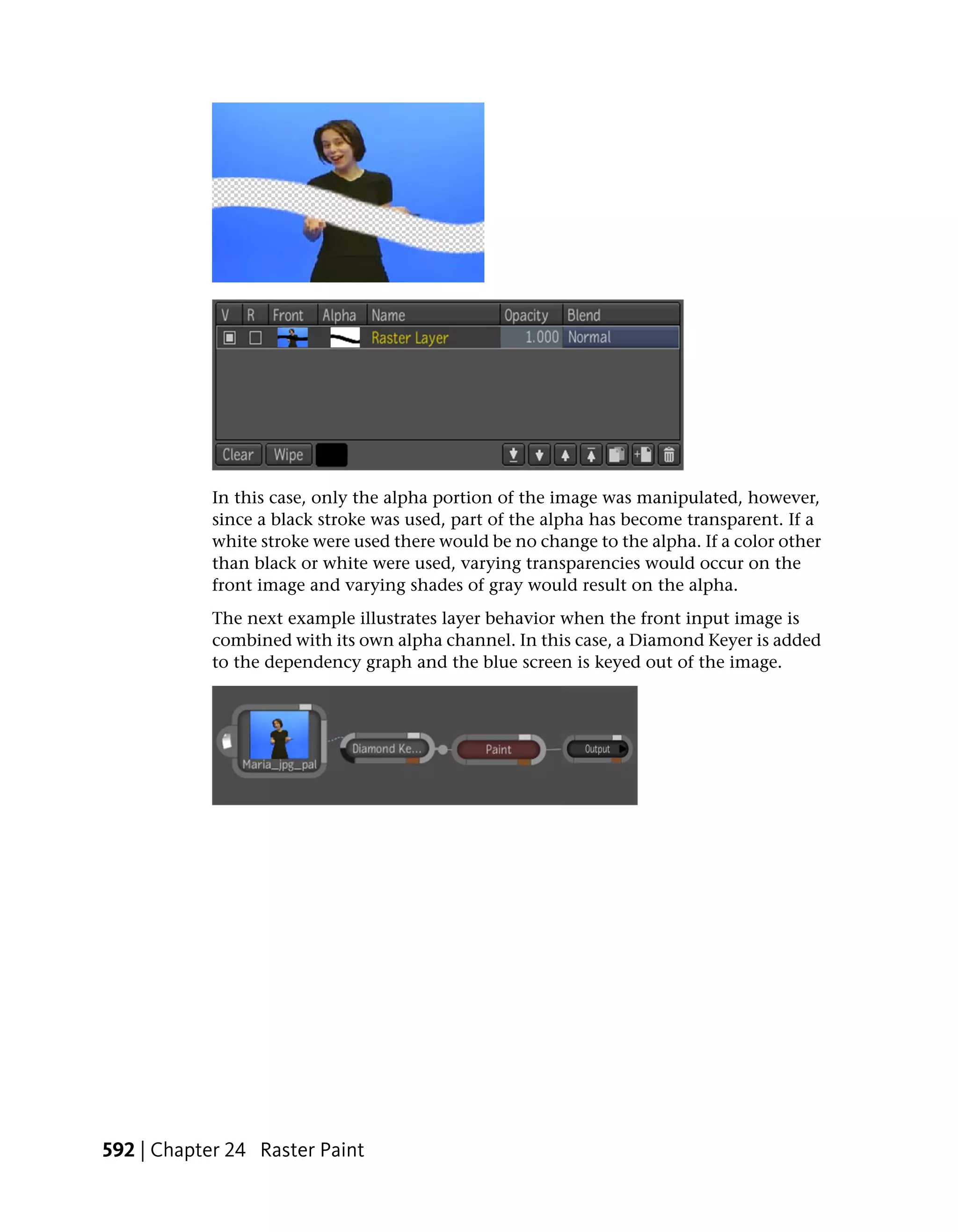 In this case, only the alpha portion of the image was manipulated, however,
            since a black stroke was used, part of the alpha has become transparent. If a
            white stroke were used there would be no change to the alpha. If a color other
            than black or white were used, varying transparencies would occur on the
            front image and varying shades of gray would result on the alpha.
            The next example illustrates layer behavior when the front input image is
            combined with its own alpha channel. In this case, a Diamond Keyer is added
            to the dependency graph and the blue screen is keyed out of the image.




592 | Chapter 24 Raster Paint
 