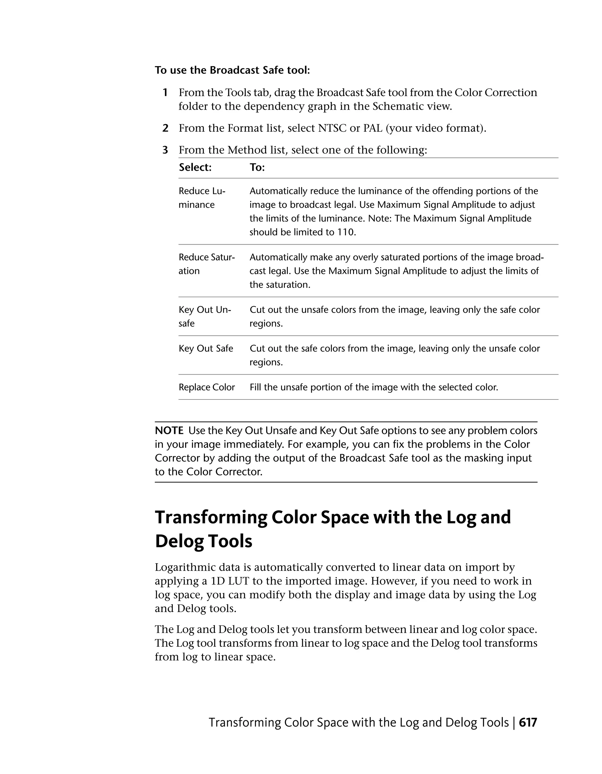 To use the Broadcast Safe tool:

 1 From the Tools tab, drag the Broadcast Safe tool from the Color Correction
   folder to the dependency graph in the Schematic view.

 2 From the Format list, select NTSC or PAL (your video format).

 3 From the Method list, select one of the following:
    Select:         To:

    Reduce Lu-      Automatically reduce the luminance of the offending portions of the
    minance         image to broadcast legal. Use Maximum Signal Amplitude to adjust
                    the limits of the luminance. Note: The Maximum Signal Amplitude
                    should be limited to 110.

    Reduce Satur-   Automatically make any overly saturated portions of the image broad-
    ation           cast legal. Use the Maximum Signal Amplitude to adjust the limits of
                    the saturation.

    Key Out Un-     Cut out the unsafe colors from the image, leaving only the safe color
    safe            regions.

    Key Out Safe    Cut out the safe colors from the image, leaving only the unsafe color
                    regions.

    Replace Color   Fill the unsafe portion of the image with the selected color.



NOTE Use the Key Out Unsafe and Key Out Safe options to see any problem colors
in your image immediately. For example, you can fix the problems in the Color
Corrector by adding the output of the Broadcast Safe tool as the masking input
to the Color Corrector.



Transforming Color Space with the Log and
Delog Tools
Logarithmic data is automatically converted to linear data on import by
applying a 1D LUT to the imported image. However, if you need to work in
log space, you can modify both the display and image data by using the Log
and Delog tools.
The Log and Delog tools let you transform between linear and log color space.
The Log tool transforms from linear to log space and the Delog tool transforms
from log to linear space.




          Transforming Color Space with the Log and Delog Tools | 617
 