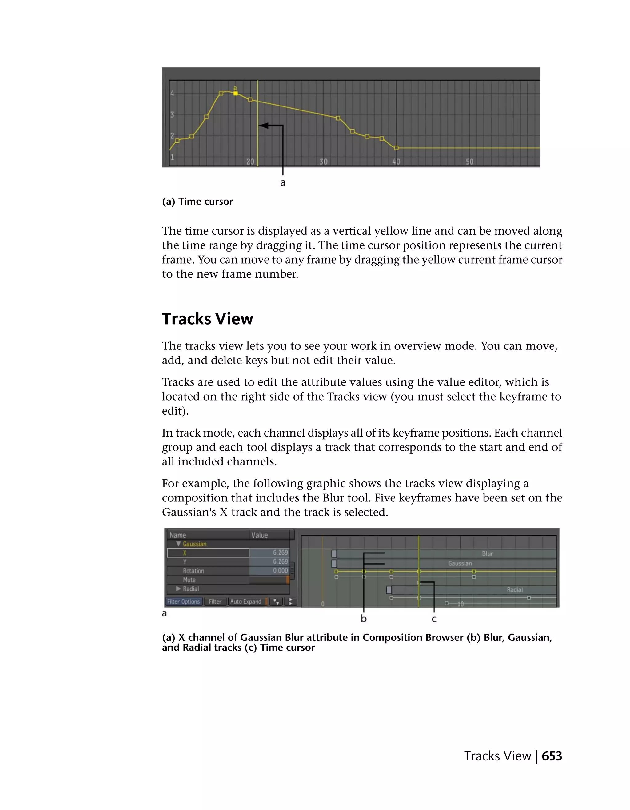 (a) Time cursor

The time cursor is displayed as a vertical yellow line and can be moved along
the time range by dragging it. The time cursor position represents the current
frame. You can move to any frame by dragging the yellow current frame cursor
to the new frame number.



Tracks View
The tracks view lets you to see your work in overview mode. You can move,
add, and delete keys but not edit their value.
Tracks are used to edit the attribute values using the value editor, which is
located on the right side of the Tracks view (you must select the keyframe to
edit).
In track mode, each channel displays all of its keyframe positions. Each channel
group and each tool displays a track that corresponds to the start and end of
all included channels.
For example, the following graphic shows the tracks view displaying a
composition that includes the Blur tool. Five keyframes have been set on the
Gaussian's X track and the track is selected.




(a) X channel of Gaussian Blur attribute in Composition Browser (b) Blur, Gaussian,
and Radial tracks (c) Time cursor




                                                                Tracks View | 653
 