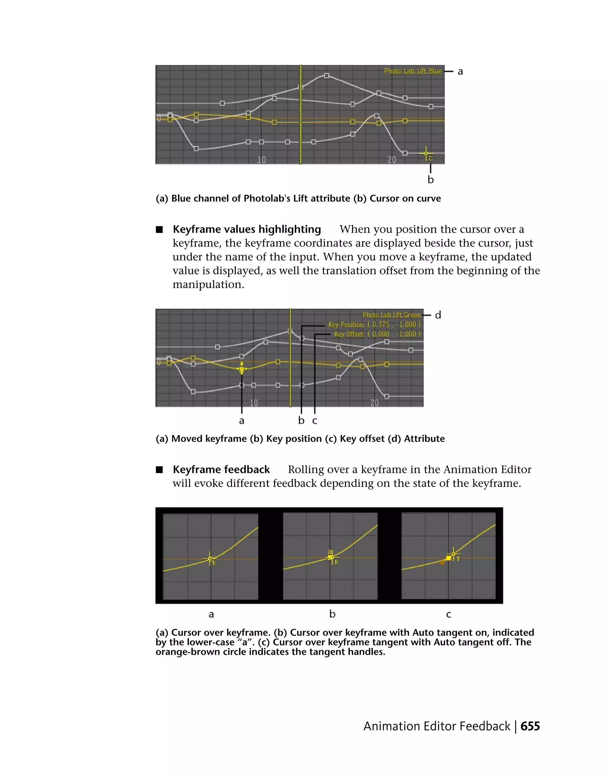 (a) Blue channel of Photolab's Lift attribute (b) Cursor on curve


■   Keyframe values highlighting        When you position the cursor over a
    keyframe, the keyframe coordinates are displayed beside the cursor, just
    under the name of the input. When you move a keyframe, the updated
    value is displayed, as well the translation offset from the beginning of the
    manipulation.




(a) Moved keyframe (b) Key position (c) Key offset (d) Attribute


■   Keyframe feedback       Rolling over a keyframe in the Animation Editor
    will evoke different feedback depending on the state of the keyframe.




(a) Cursor over keyframe. (b) Cursor over keyframe with Auto tangent on, indicated
by the lower-case “a”. (c) Cursor over keyframe tangent with Auto tangent off. The
orange-brown circle indicates the tangent handles.




                                               Animation Editor Feedback | 655
 