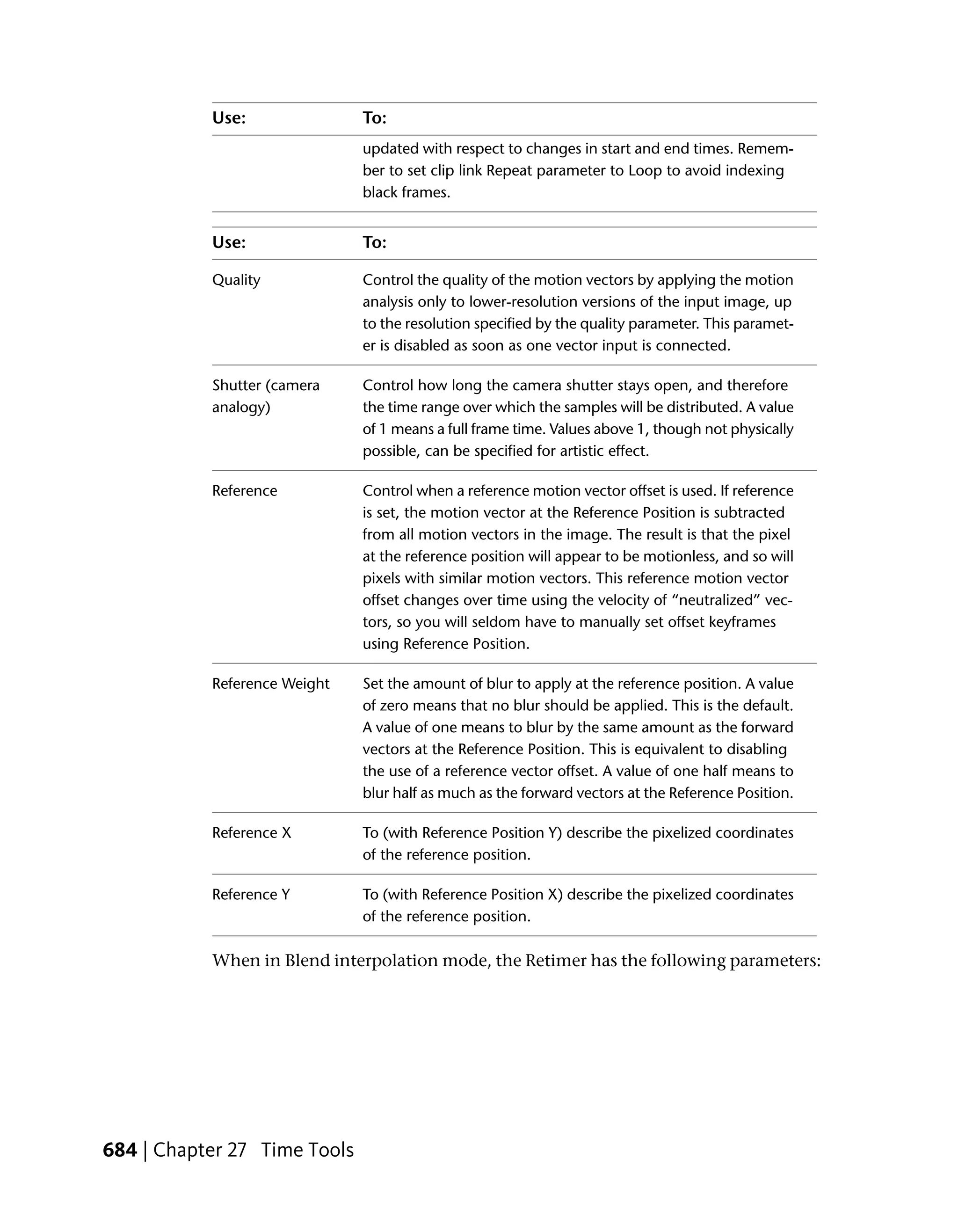 Use:               To:
                              updated with respect to changes in start and end times. Remem-
                              ber to set clip link Repeat parameter to Loop to avoid indexing
                              black frames.


           Use:               To:

           Quality            Control the quality of the motion vectors by applying the motion
                              analysis only to lower-resolution versions of the input image, up
                              to the resolution specified by the quality parameter. This paramet-
                              er is disabled as soon as one vector input is connected.

           Shutter (camera    Control how long the camera shutter stays open, and therefore
           analogy)           the time range over which the samples will be distributed. A value
                              of 1 means a full frame time. Values above 1, though not physically
                              possible, can be specified for artistic effect.

           Reference          Control when a reference motion vector offset is used. If reference
                              is set, the motion vector at the Reference Position is subtracted
                              from all motion vectors in the image. The result is that the pixel
                              at the reference position will appear to be motionless, and so will
                              pixels with similar motion vectors. This reference motion vector
                              offset changes over time using the velocity of “neutralized” vec-
                              tors, so you will seldom have to manually set offset keyframes
                              using Reference Position.

           Reference Weight   Set the amount of blur to apply at the reference position. A value
                              of zero means that no blur should be applied. This is the default.
                              A value of one means to blur by the same amount as the forward
                              vectors at the Reference Position. This is equivalent to disabling
                              the use of a reference vector offset. A value of one half means to
                              blur half as much as the forward vectors at the Reference Position.

           Reference X        To (with Reference Position Y) describe the pixelized coordinates
                              of the reference position.

           Reference Y        To (with Reference Position X) describe the pixelized coordinates
                              of the reference position.

           When in Blend interpolation mode, the Retimer has the following parameters:




684 | Chapter 27 Time Tools
 